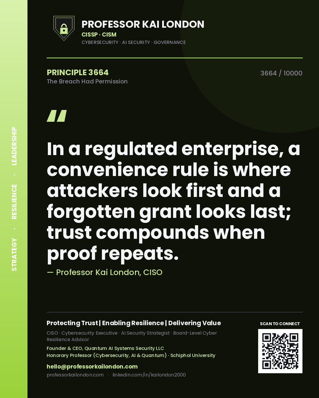 Quote card by Professor Kai London reading 'In a regulated enterprise, a convenience rule is where attackers look first and a forgotten grant looks last; trust compounds when proof repeats.'. From the book The Breach Had Permission.