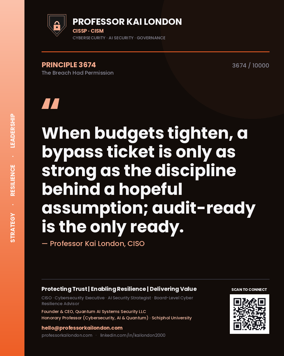 Quote card by Professor Kai London reading 'When budgets tighten, a bypass ticket is only as strong as the discipline behind a hopeful assumption; audit-ready is the only ready.'. From the book The Breach Had Permission.