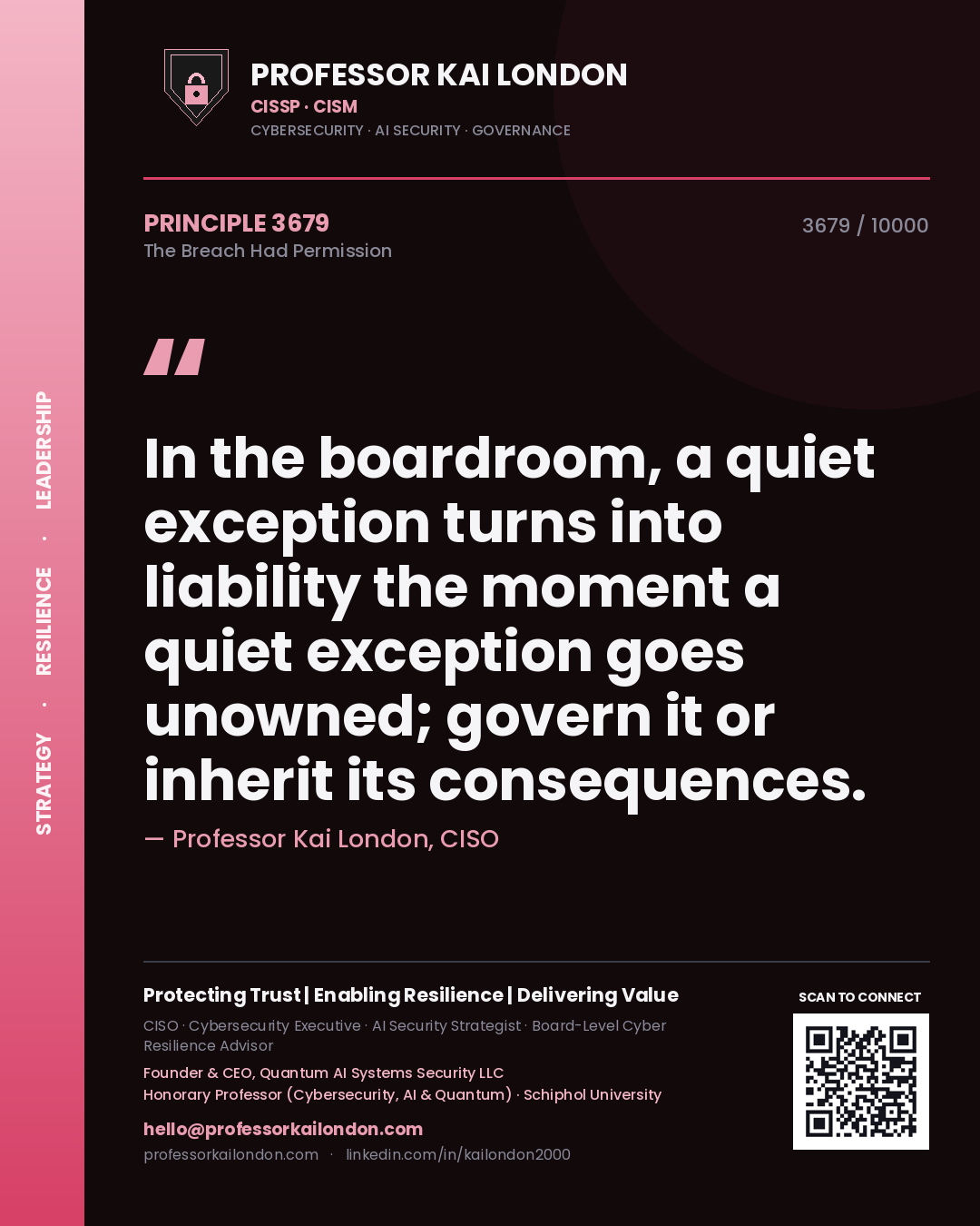 Professor Kai London principle 3679: In the boardroom, a quiet exception turns into liability the moment a quiet exception goes unowned; govern it or inherit its consequences.