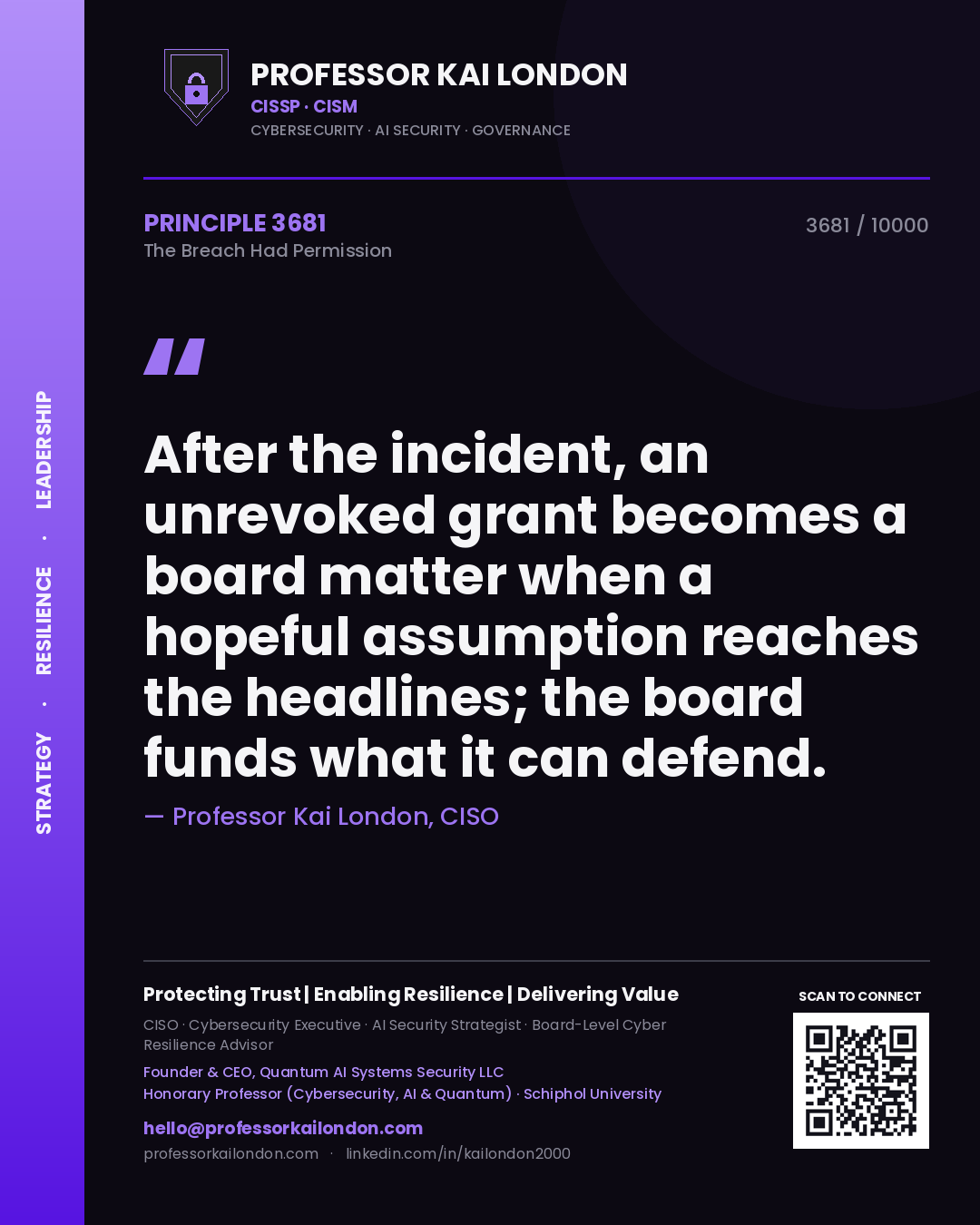 Quote card by Professor Kai London reading 'After the incident, an unrevoked grant becomes a board matter when a hopeful assumption reaches the headlines; the board funds what it can defend.'. From the book The Breach Had Permission.