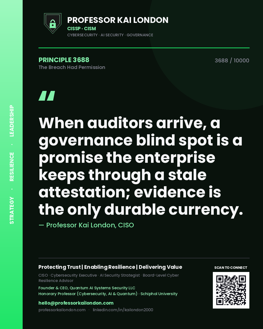 Quote card by Professor Kai London reading 'When auditors arrive, a governance blind spot is a promise the enterprise keeps through a stale attestation; evidence is the only durable currency.'. From the book The Breach Had Permission.