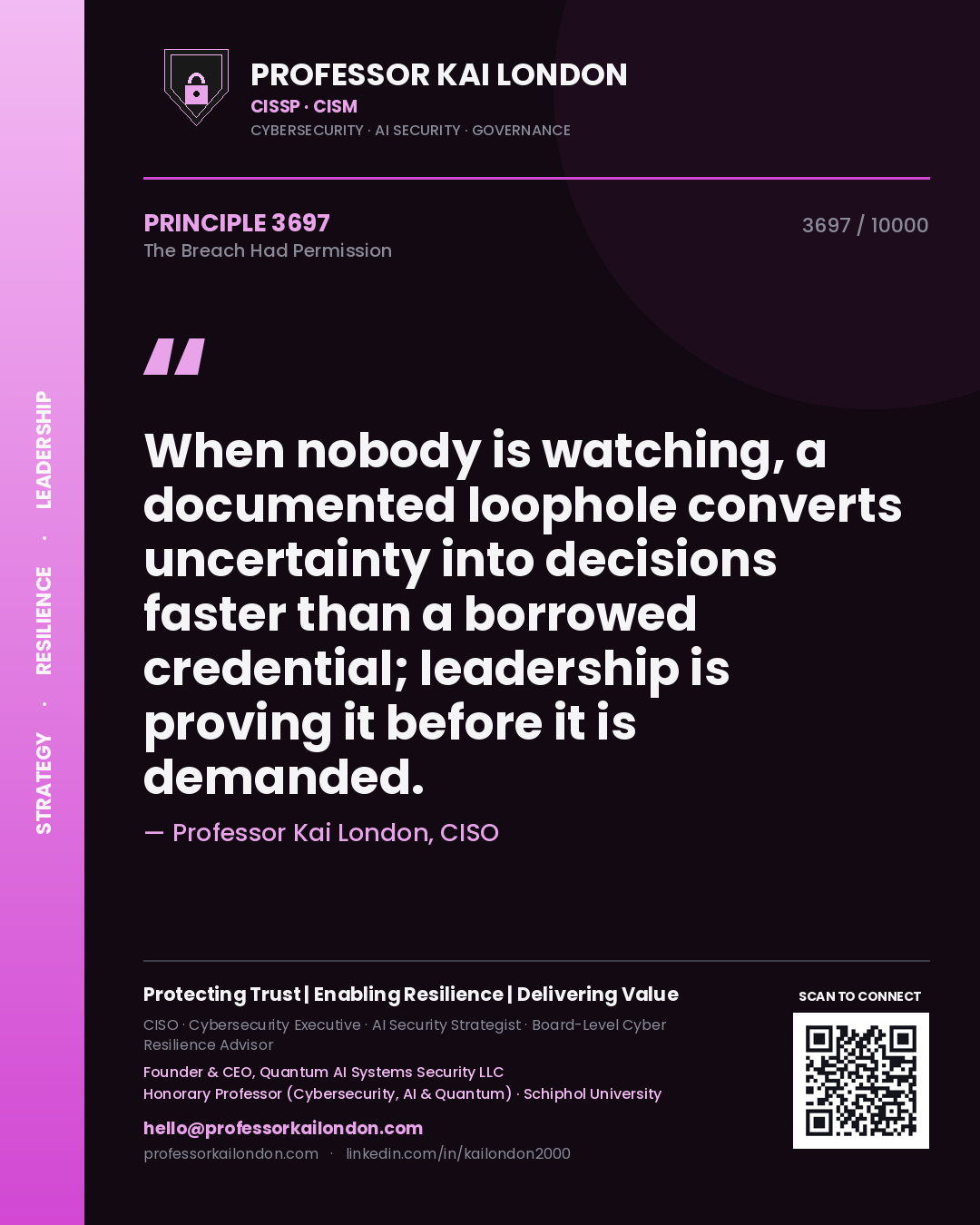 Professor Kai London principle 3697: When nobody is watching, a documented loophole converts uncertainty into decisions faster than a borrowed credential; leadership is proving it before it is demanded.