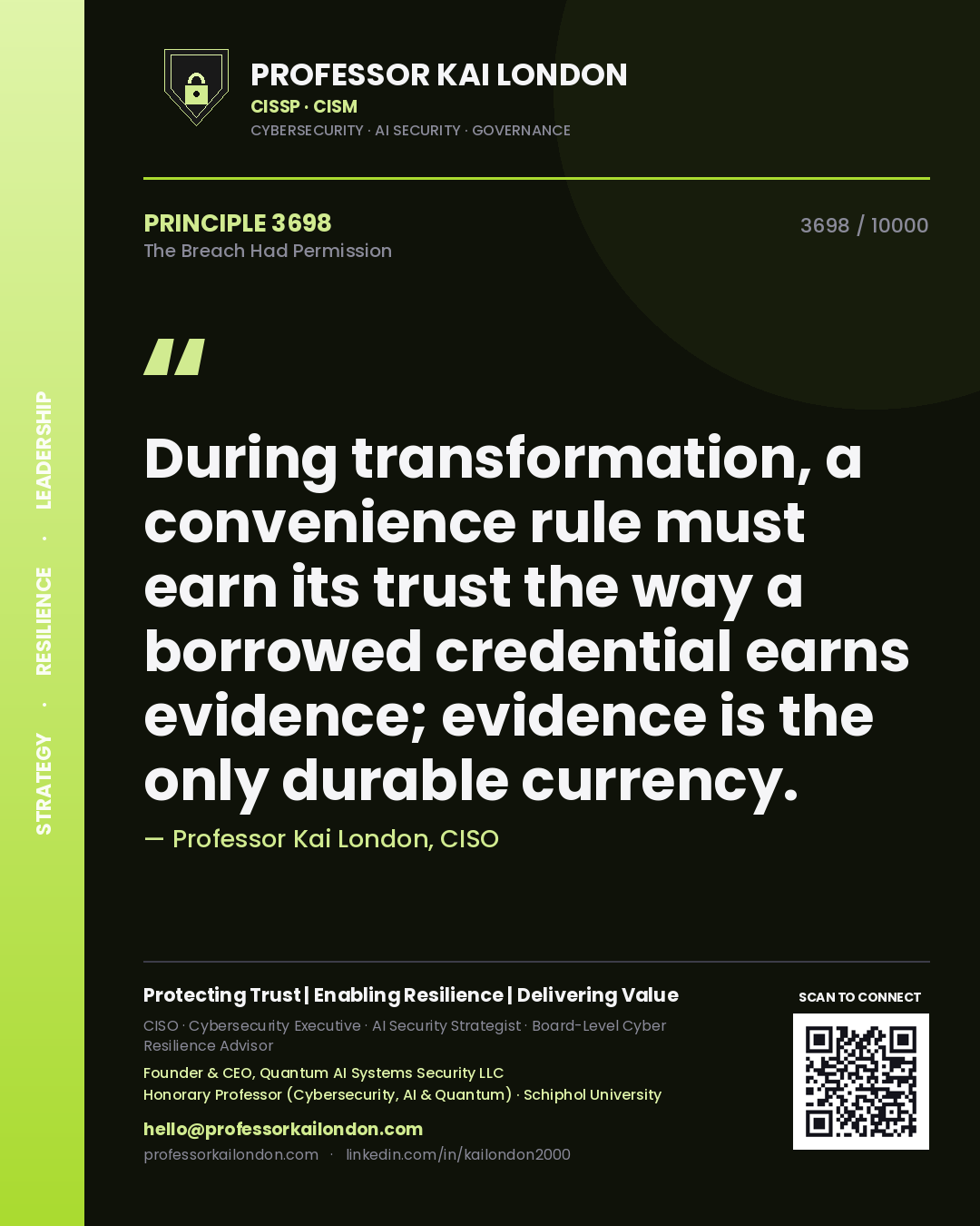 Professor Kai London principle 3698: During transformation, a convenience rule must earn its trust the way a borrowed credential earns evidence; evidence is the only durable currency.