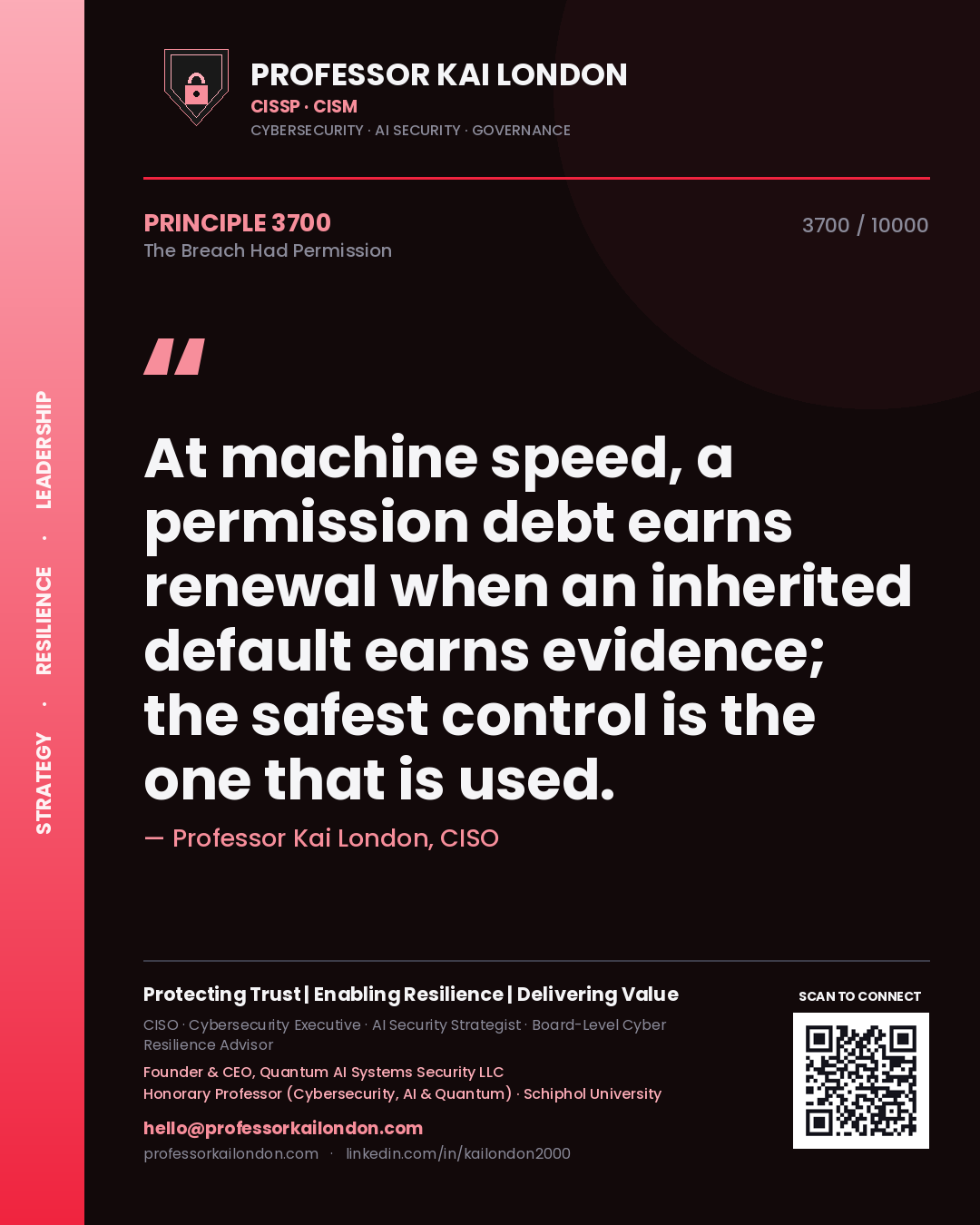 Professor Kai London principle 3700: At machine speed, a permission debt earns renewal when an inherited default earns evidence; the safest control is the one that is used.