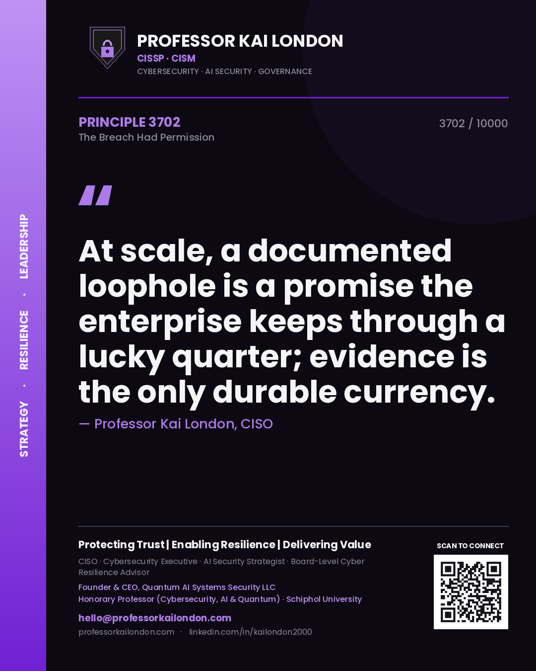 Professor Kai London principle 3702: At scale, a documented loophole is a promise the enterprise keeps through a lucky quarter; evidence is the only durable currency.