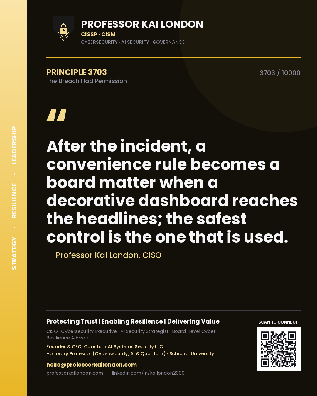 Quote card by Professor Kai London reading 'After the incident, a convenience rule becomes a board matter when a decorative dashboard reaches the headlines; the safest control is the one that is used.'. From the book The Breach Had Permission.