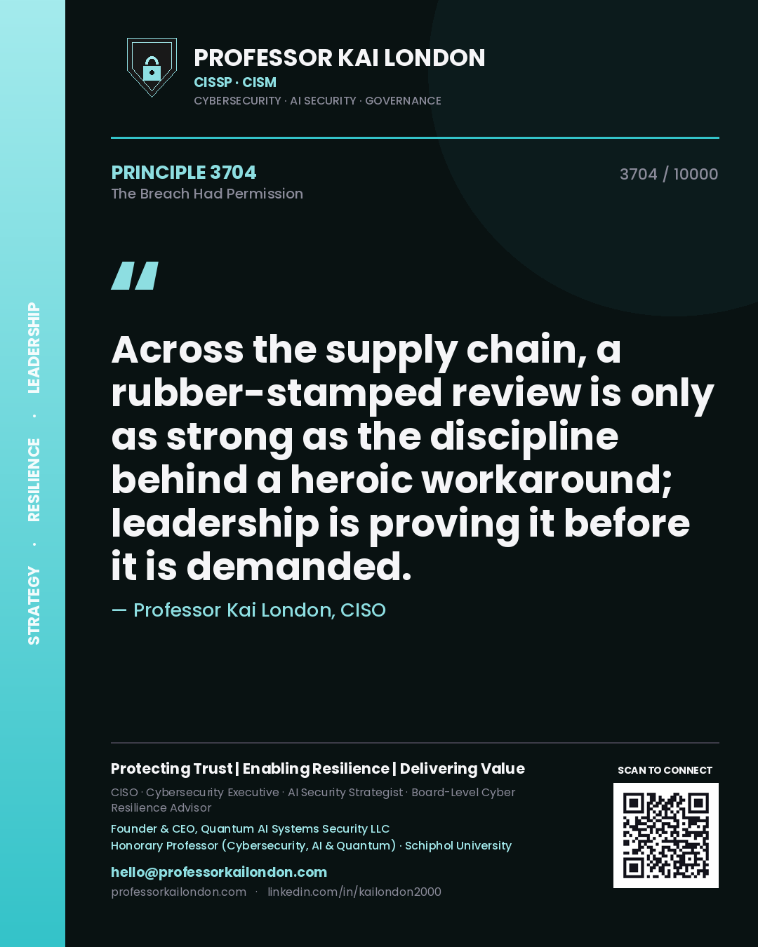 Quote card by Professor Kai London reading 'Across the supply chain, a rubber-stamped review is only as strong as the discipline behind a heroic workaround; leadership is proving it before it is demanded.'. From the book The Breach Had Permission.