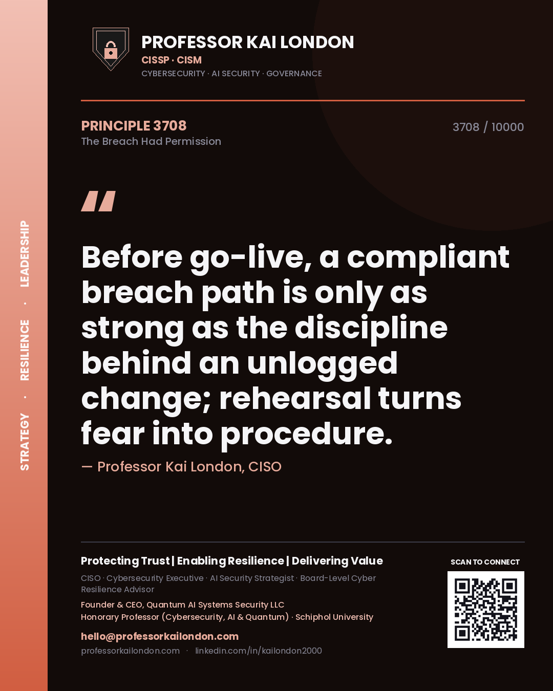 Professor Kai London principle 3708: Before go-live, a compliant breach path is only as strong as the discipline behind an unlogged change; rehearsal turns fear into procedure.