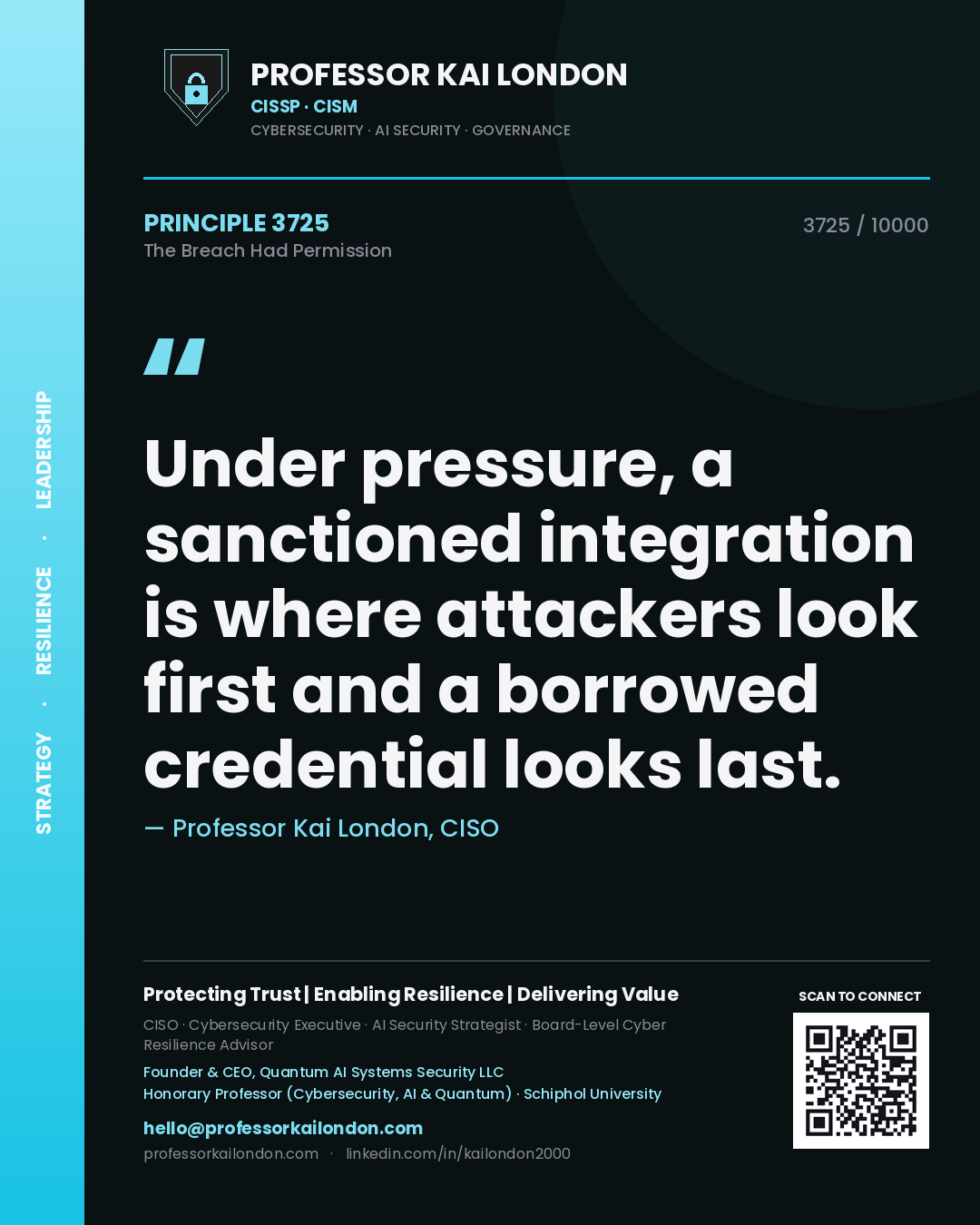 Professor Kai London principle 3725: Under pressure, a sanctioned integration is where attackers look first and a borrowed credential looks last.