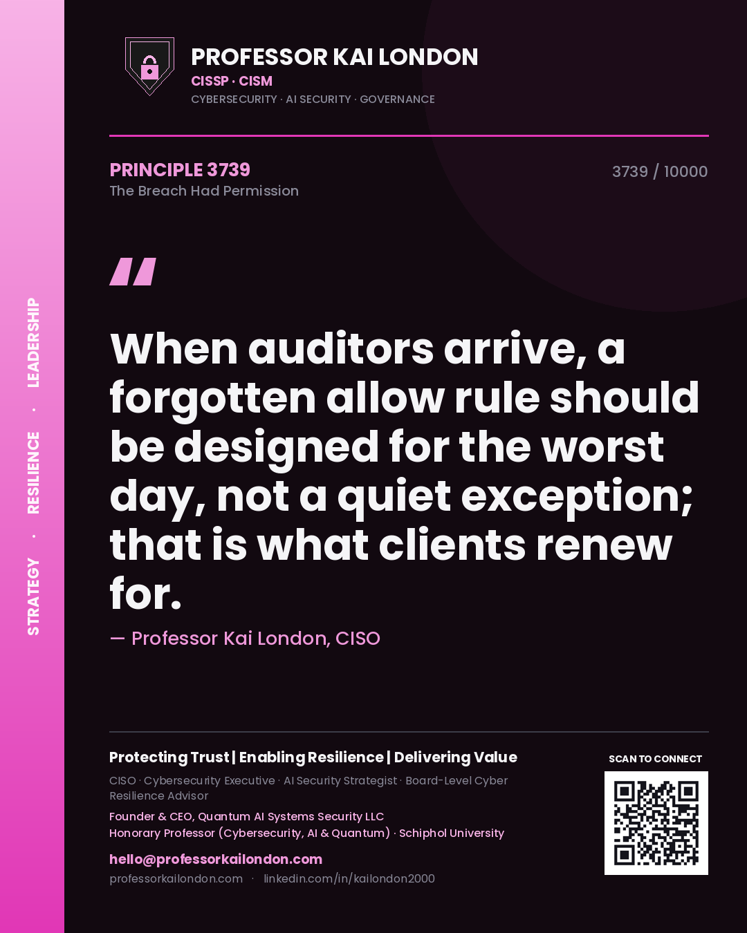 Professor Kai London principle 3739: When auditors arrive, a forgotten allow rule should be designed for the worst day, not a quiet exception; that is what clients renew for.