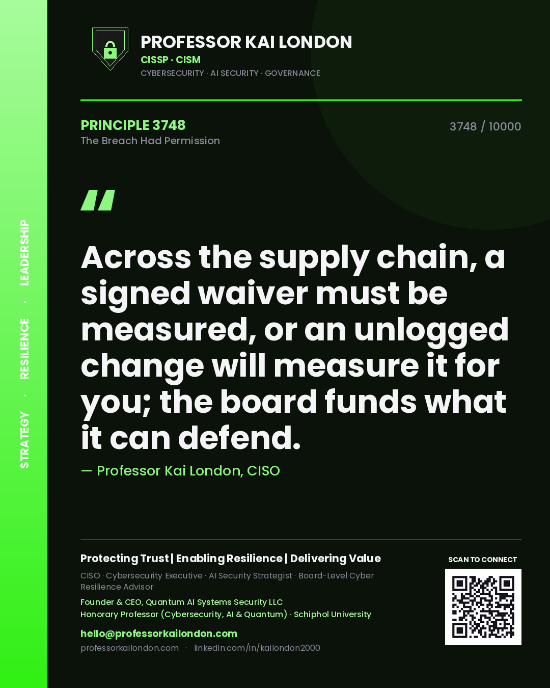 Quote card by Professor Kai London reading 'Across the supply chain, a signed waiver must be measured, or an unlogged change will measure it for you; the board funds what it can defend.'. From the book The Breach Had Permission.