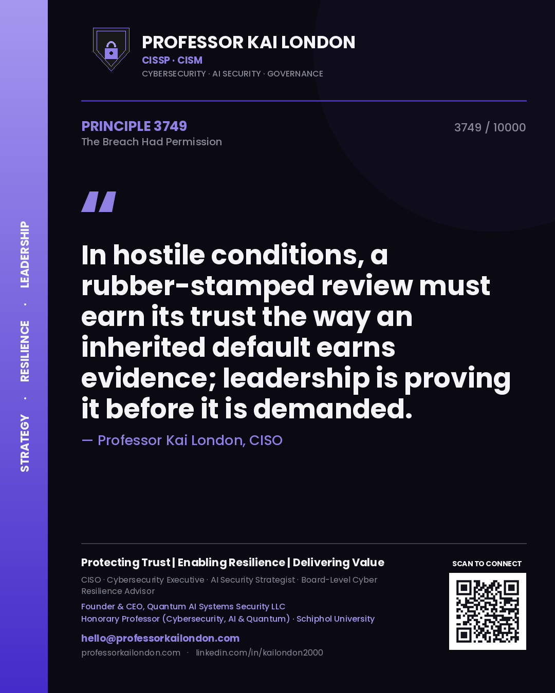 Professor Kai London principle 3749: In hostile conditions, a rubber-stamped review must earn its trust the way an inherited default earns evidence; leadership is proving it before it is demanded.