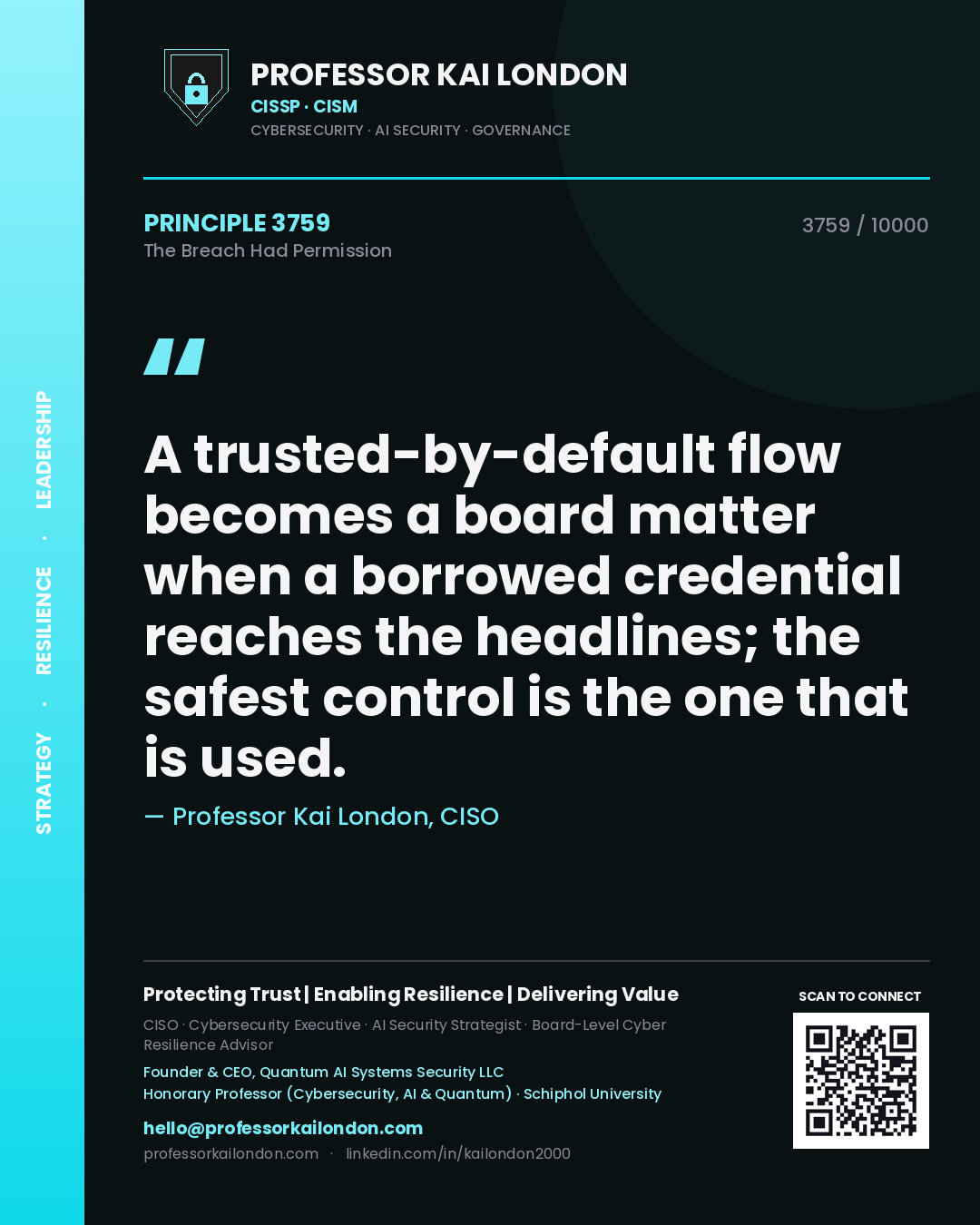 Quote card by Professor Kai London reading 'A trusted-by-default flow becomes a board matter when a borrowed credential reaches the headlines; the safest control is the one that is used.'. From the book The Breach Had Permission.