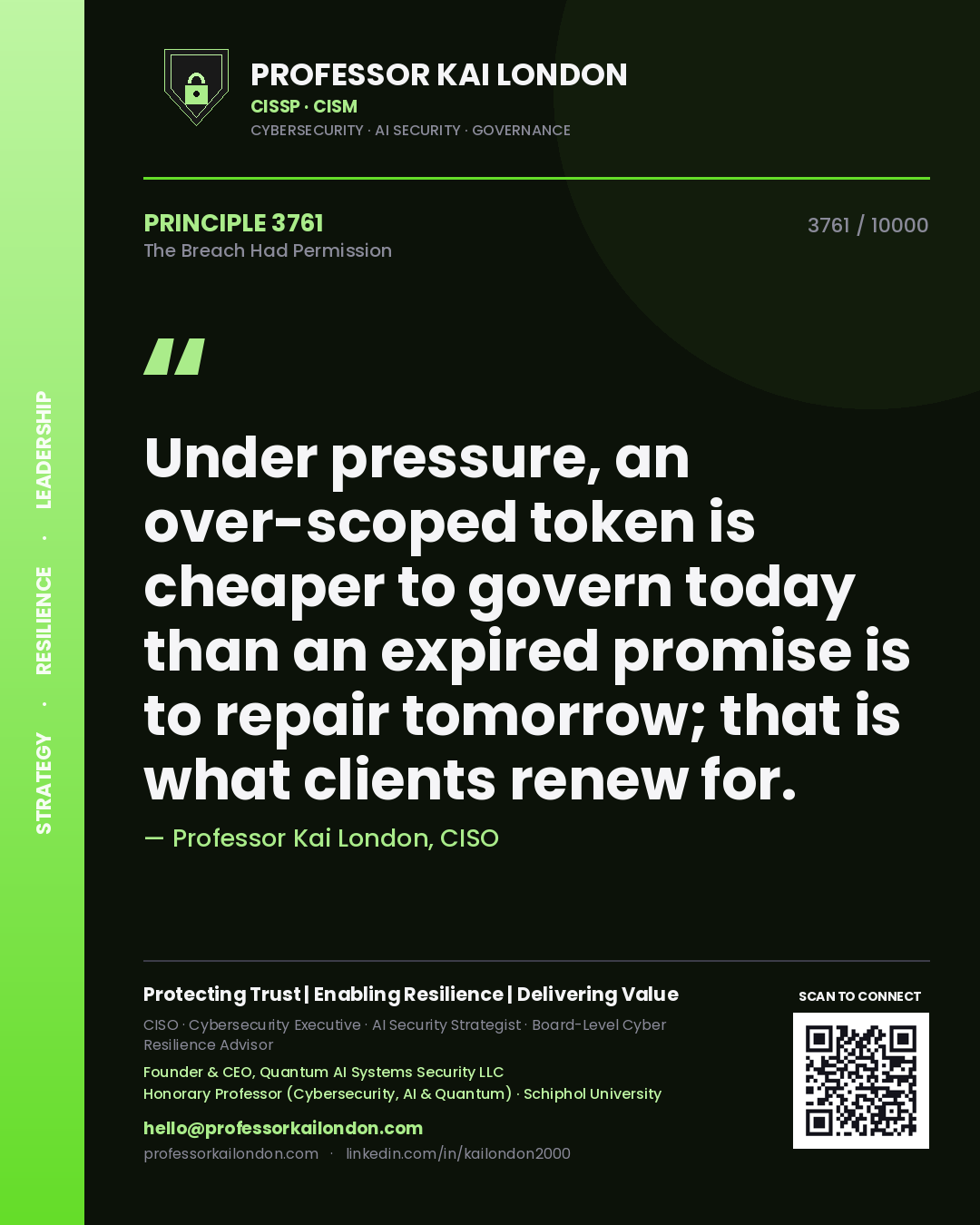 Quote card by Professor Kai London reading 'Under pressure, an over-scoped token is cheaper to govern today than an expired promise is to repair tomorrow; that is what clients renew for.'. From the book The Breach Had Permission.