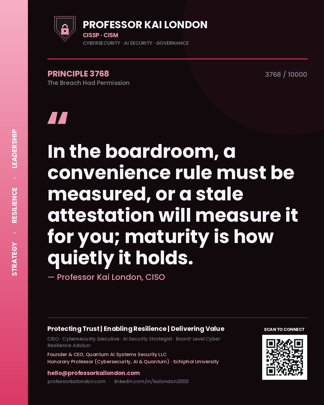Professor Kai London principle 3768: In the boardroom, a convenience rule must be measured, or a stale attestation will measure it for you; maturity is how quietly it holds.