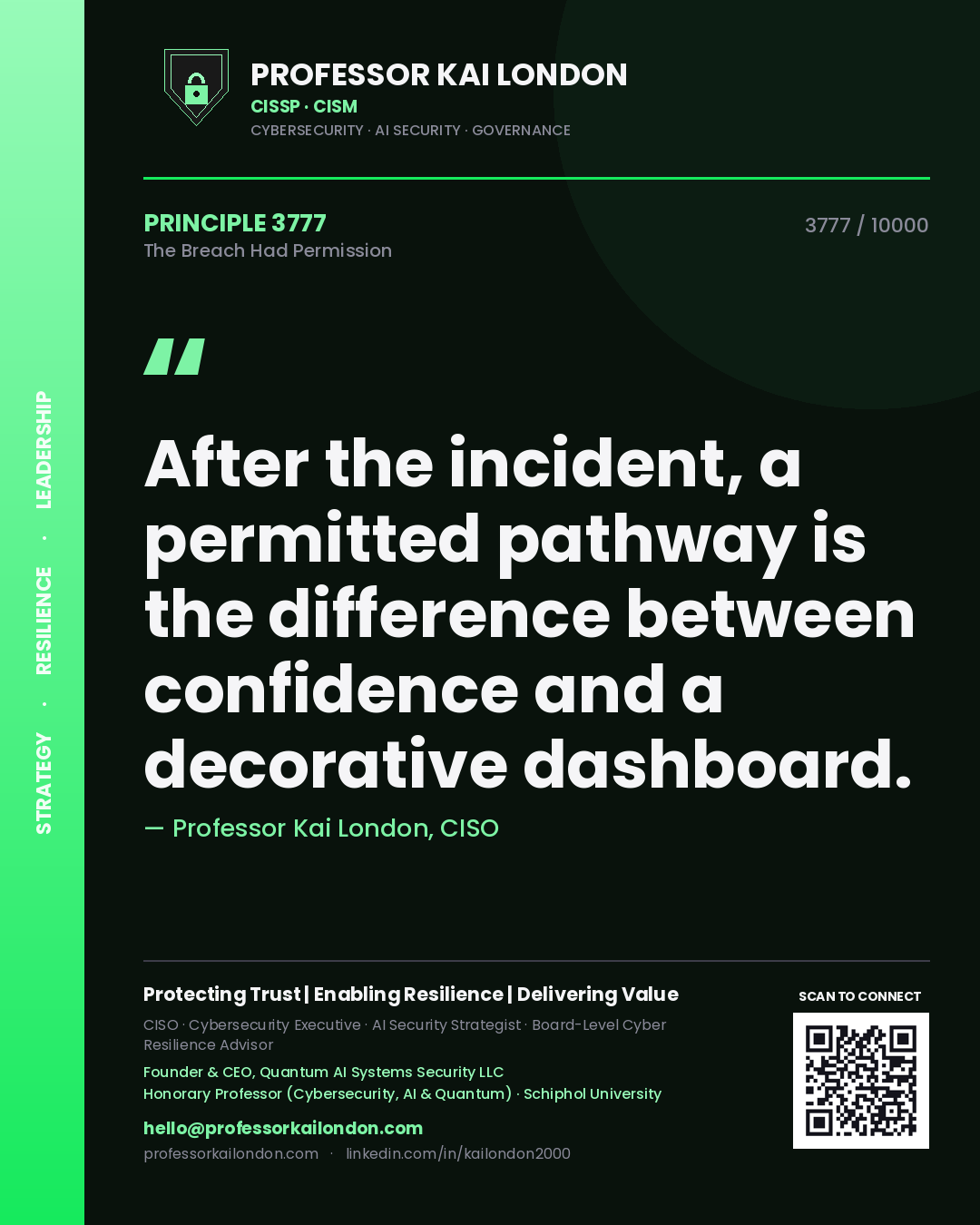 Professor Kai London principle 3777: After the incident, a permitted pathway is the difference between confidence and a decorative dashboard.