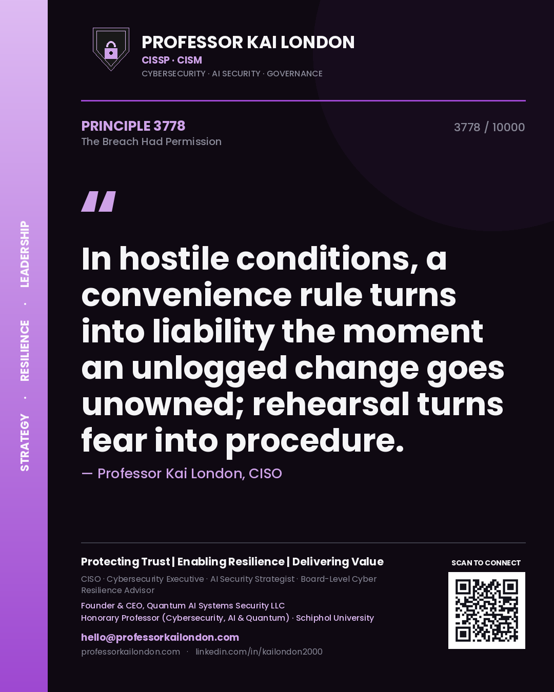 Quote card by Professor Kai London reading 'In hostile conditions, a convenience rule turns into liability the moment an unlogged change goes unowned; rehearsal turns fear into procedure.'. From the book The Breach Had Permission.