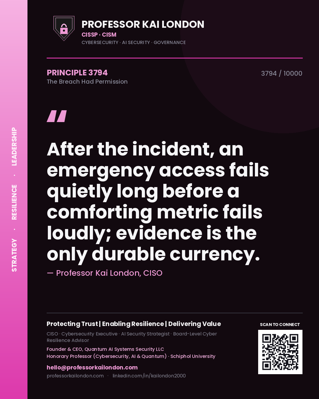 Quote card by Professor Kai London reading 'After the incident, an emergency access fails quietly long before a comforting metric fails loudly; evidence is the only durable currency.'. From the book The Breach Had Permission.