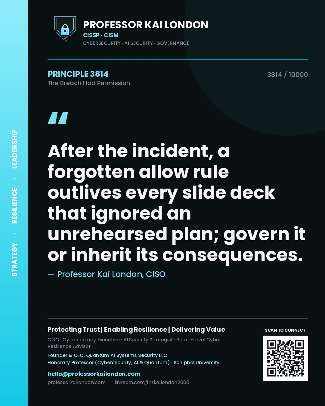 Professor Kai London principle 3814: After the incident, a forgotten allow rule outlives every slide deck that ignored an unrehearsed plan; govern it or inherit its consequences.