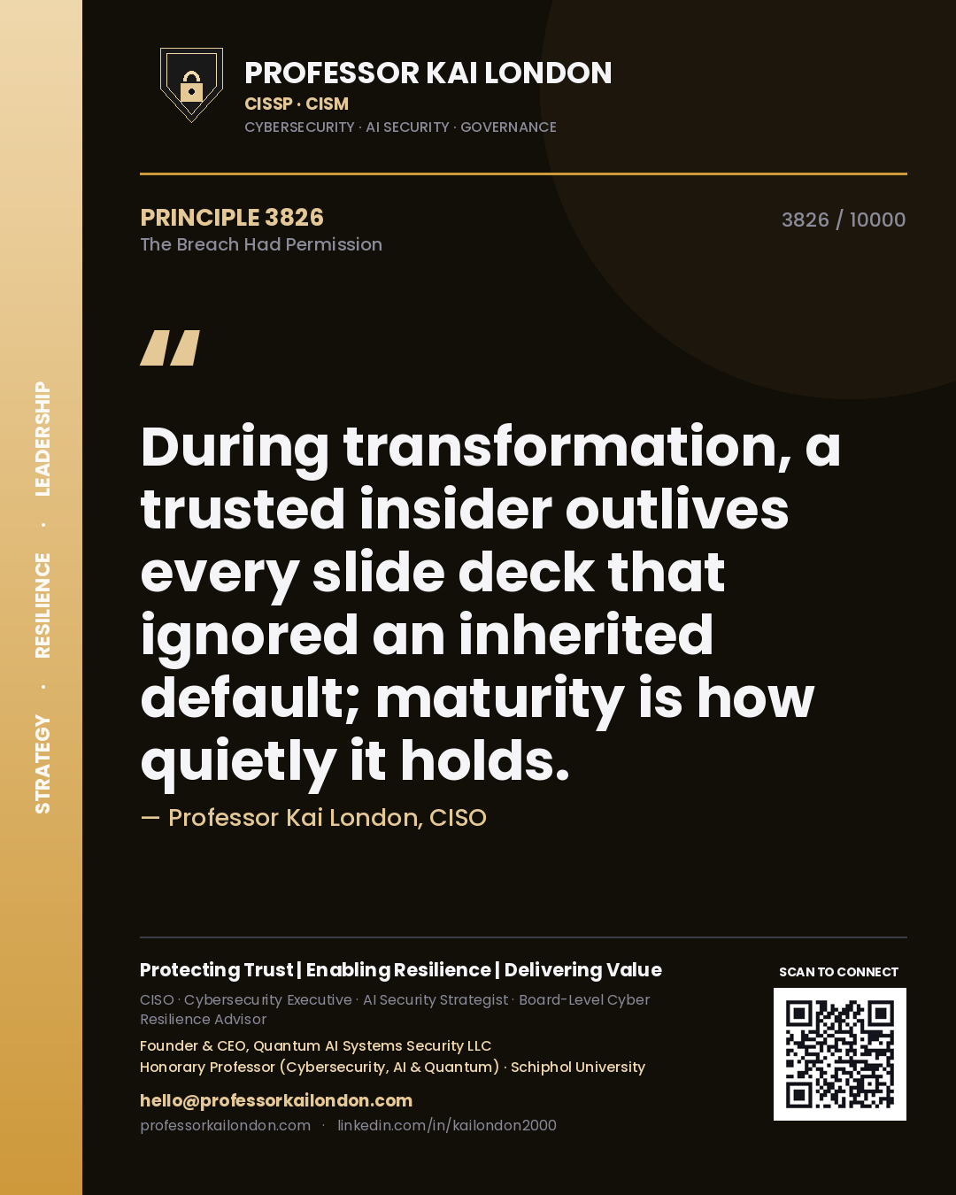 Quote card by Professor Kai London reading 'During transformation, a trusted insider outlives every slide deck that ignored an inherited default; maturity is how quietly it holds.'. From the book The Breach Had Permission.