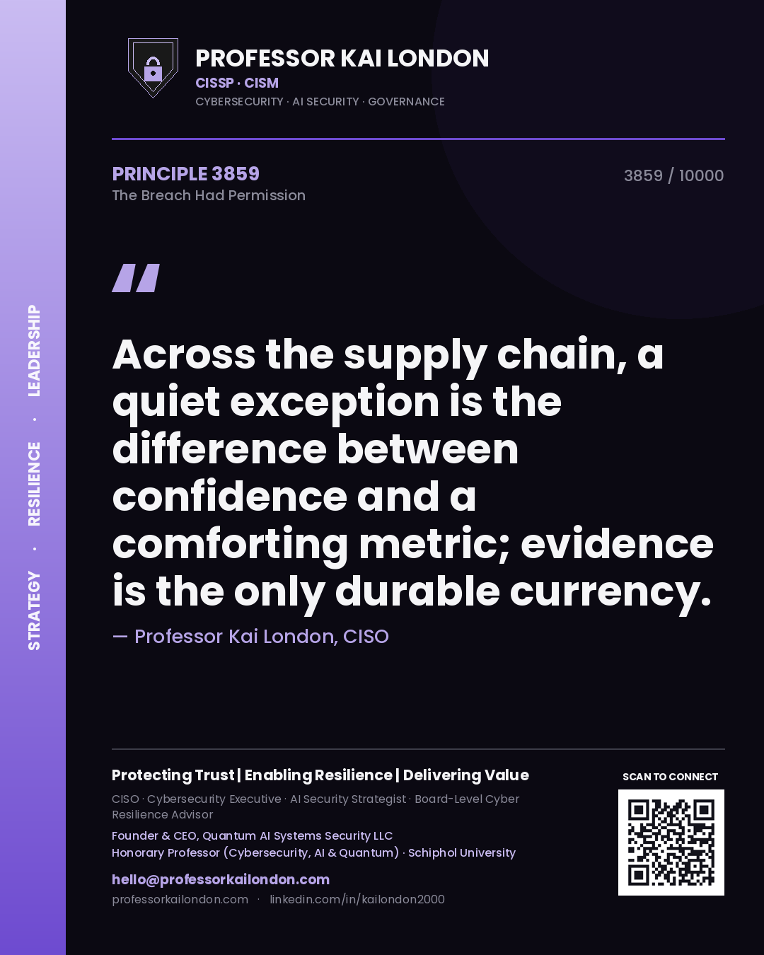 Quote card by Professor Kai London reading 'Across the supply chain, a quiet exception is the difference between confidence and a comforting metric; evidence is the only durable currency.'. From the book The Breach Had Permission.