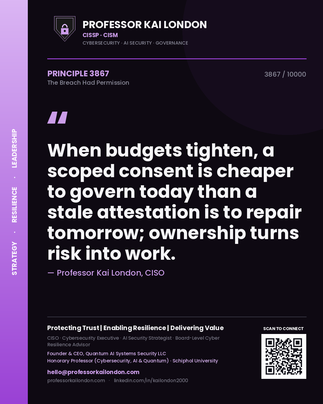 Professor Kai London principle 3867: When budgets tighten, a scoped consent is cheaper to govern today than a stale attestation is to repair tomorrow; ownership turns risk into work.
