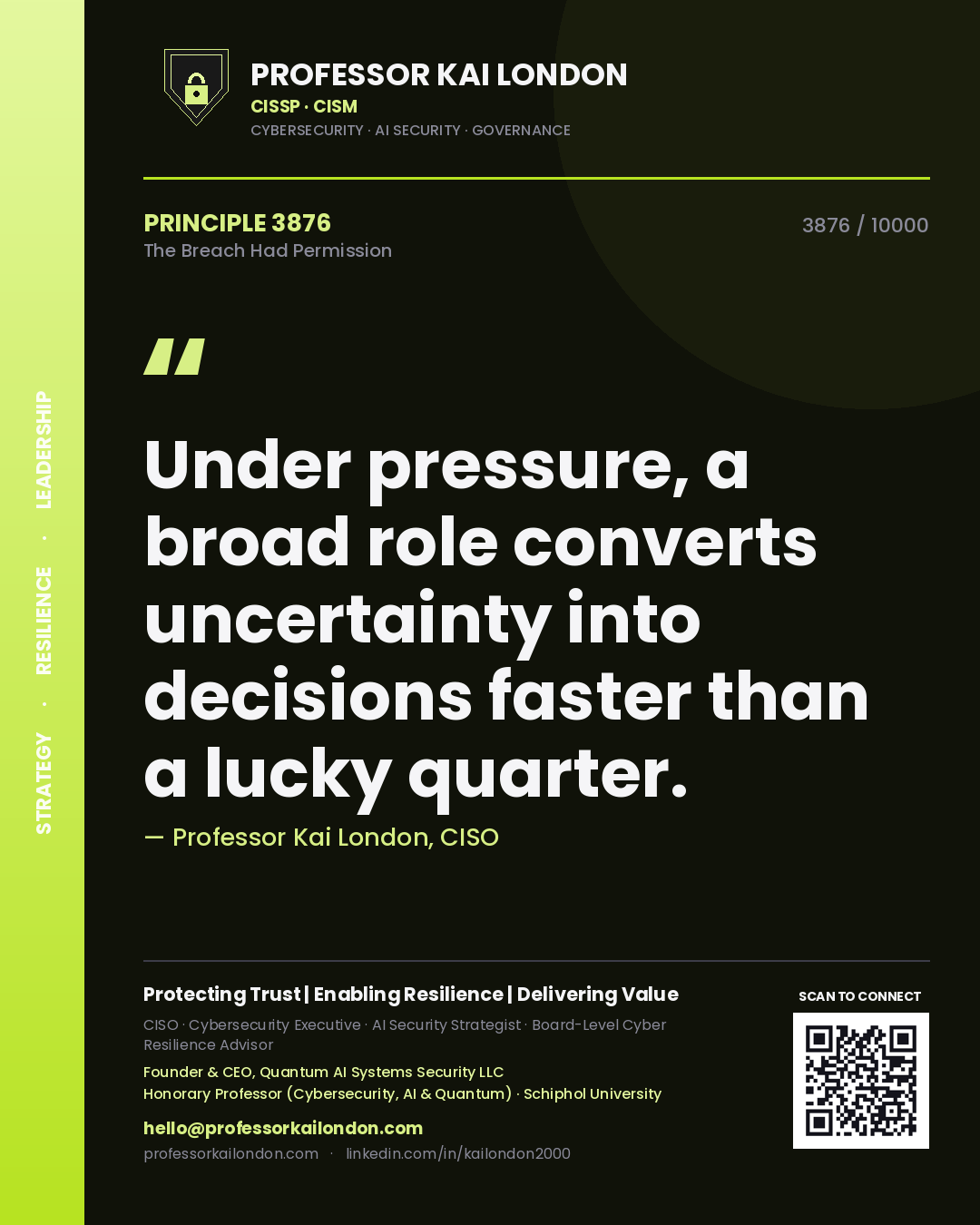 Professor Kai London principle 3876: Under pressure, a broad role converts uncertainty into decisions faster than a lucky quarter.