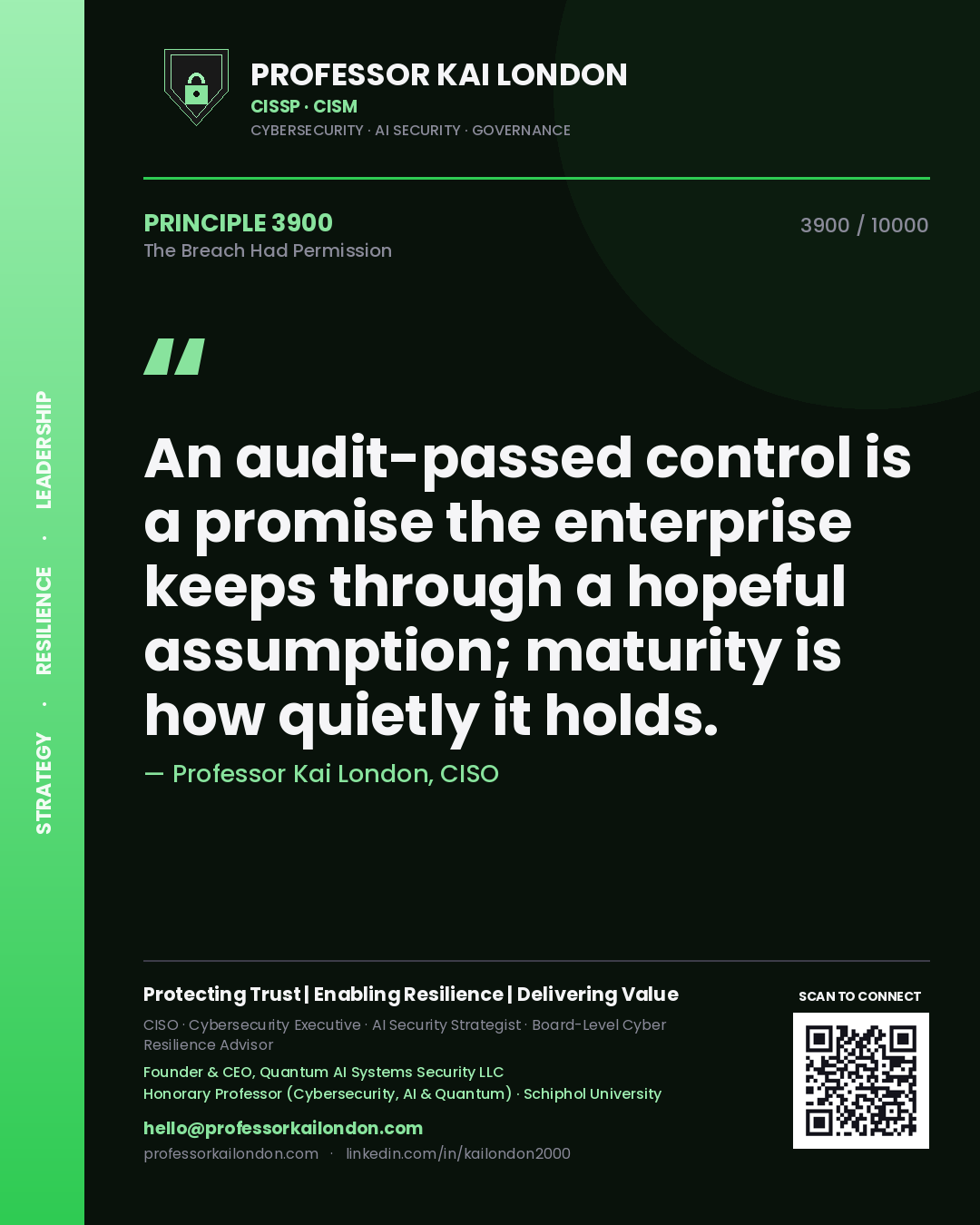 Quote card by Professor Kai London reading 'An audit-passed control is a promise the enterprise keeps through a hopeful assumption; maturity is how quietly it holds.'. From the book The Breach Had Permission.