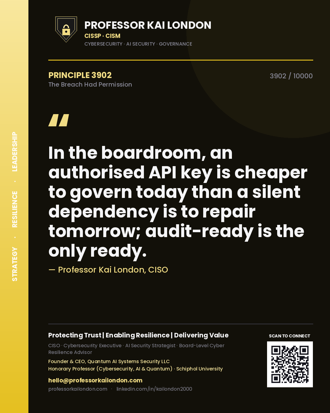 Professor Kai London principle 3902: In the boardroom, an authorised API key is cheaper to govern today than a silent dependency is to repair tomorrow; audit-ready is the only ready.