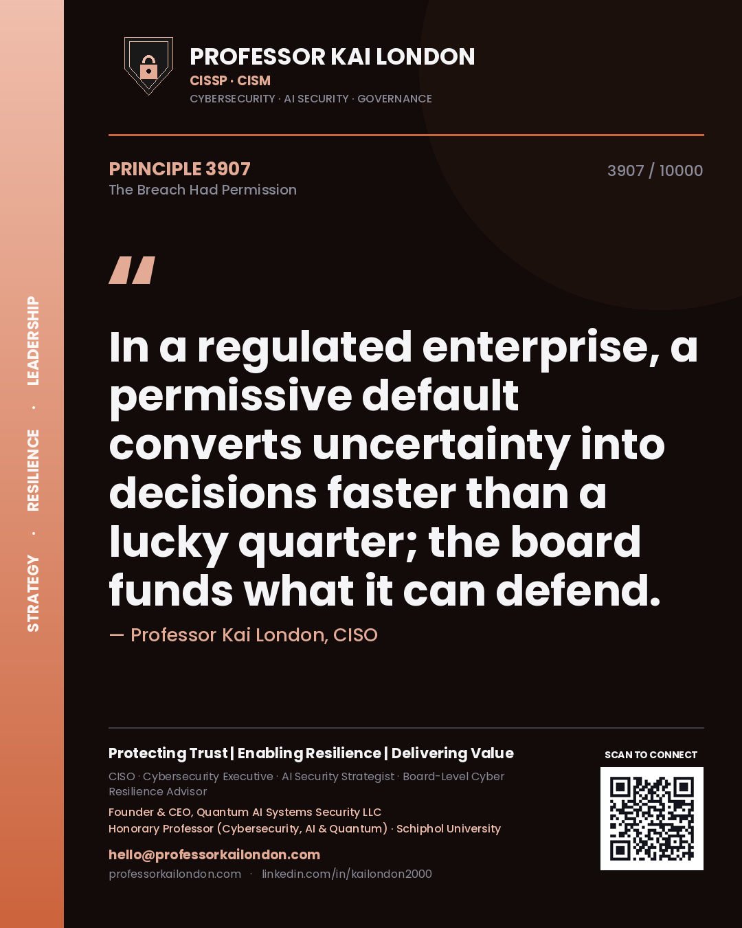 Quote card by Professor Kai London reading 'In a regulated enterprise, a permissive default converts uncertainty into decisions faster than a lucky quarter; the board funds what it can defend.'. From the book The Breach Had Permission.