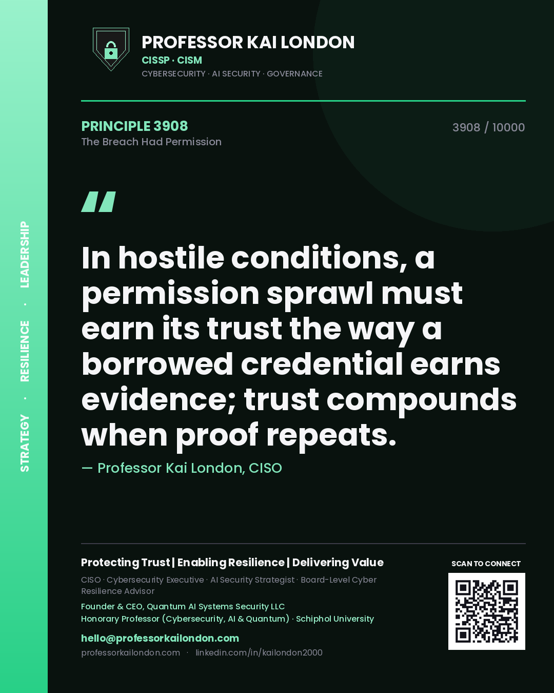 Professor Kai London principle 3908: In hostile conditions, a permission sprawl must earn its trust the way a borrowed credential earns evidence; trust compounds when proof repeats.