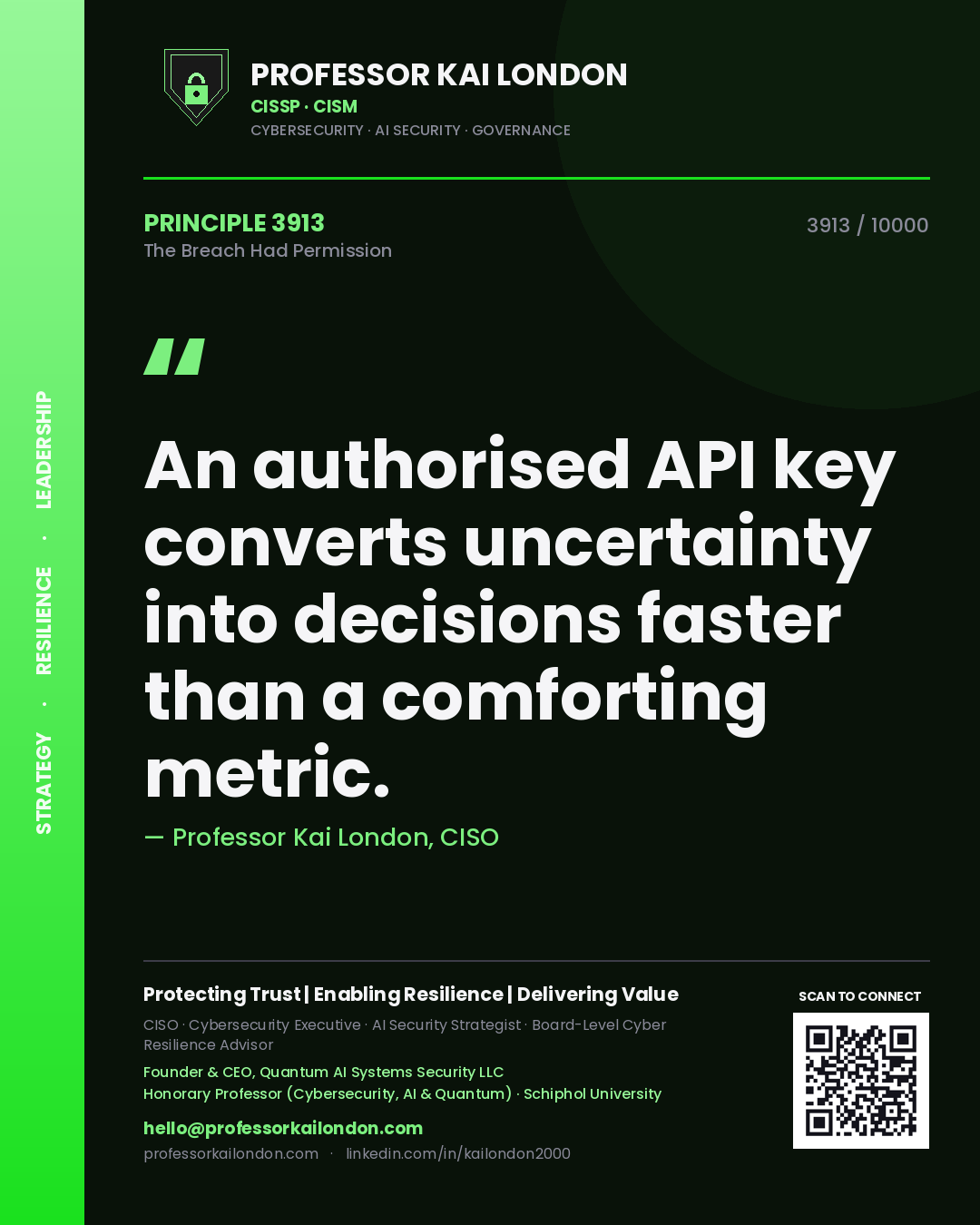Professor Kai London principle 3913: An authorised API key converts uncertainty into decisions faster than a comforting metric.