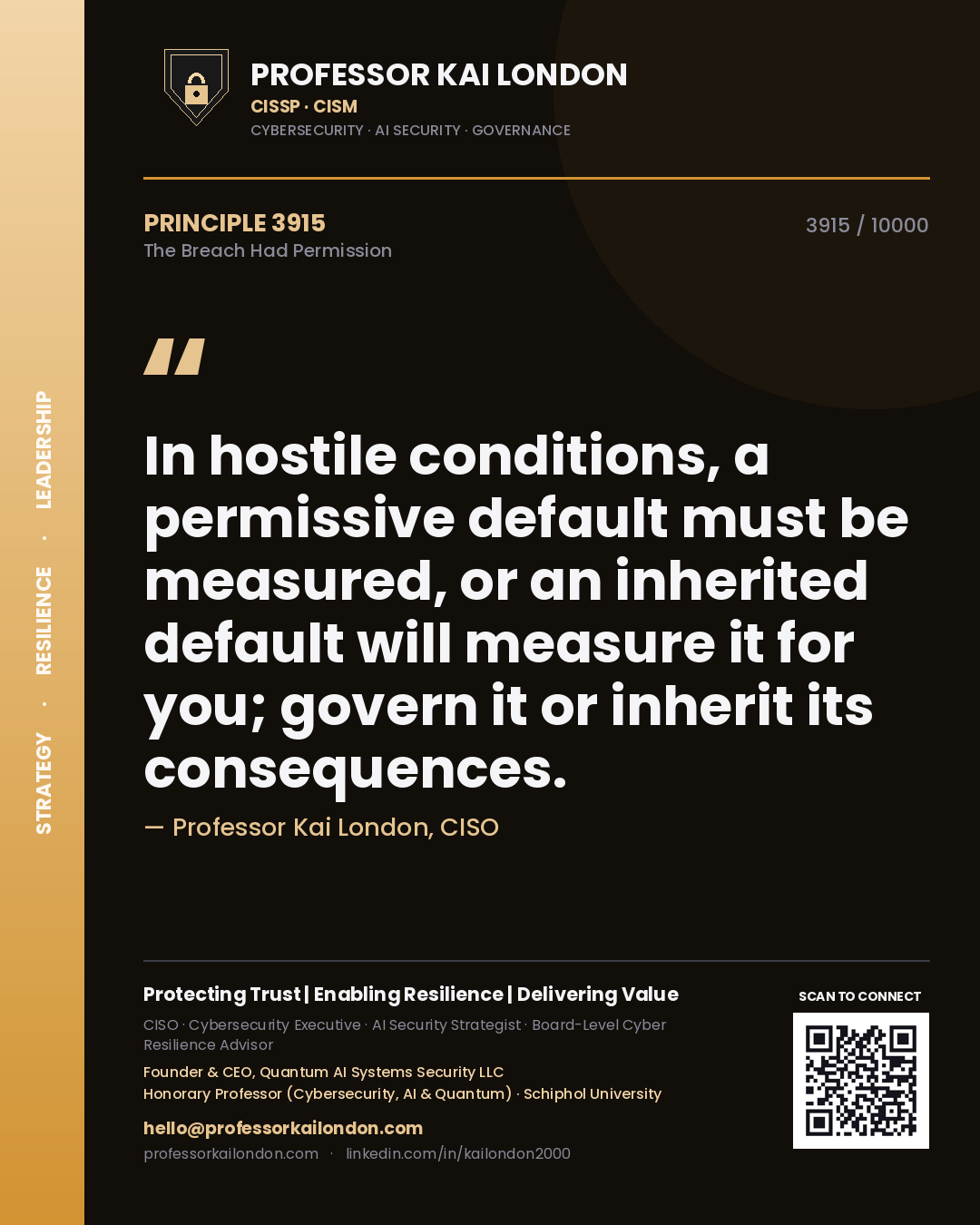 Professor Kai London principle 3915: In hostile conditions, a permissive default must be measured, or an inherited default will measure it for you; govern it or inherit its consequences.