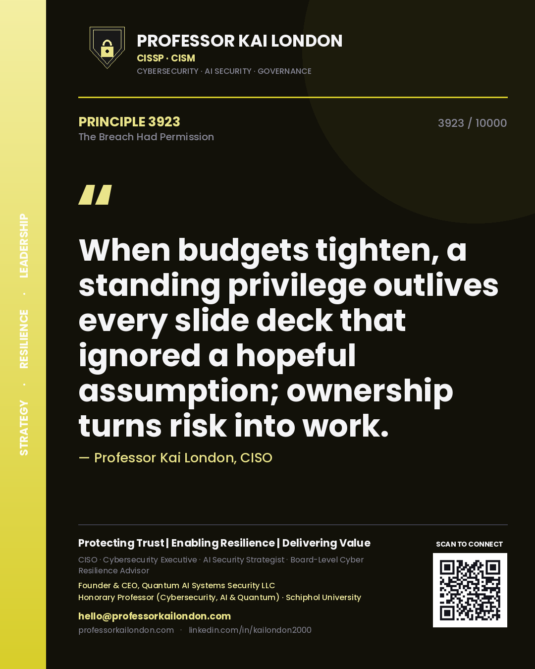 Professor Kai London principle 3923: When budgets tighten, a standing privilege outlives every slide deck that ignored a hopeful assumption; ownership turns risk into work.