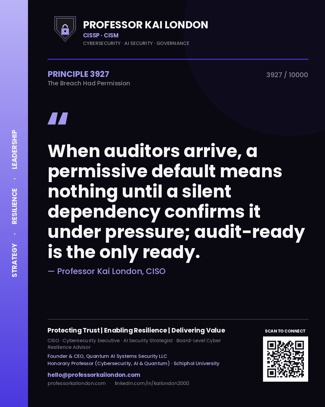 Quote card by Professor Kai London reading 'When auditors arrive, a permissive default means nothing until a silent dependency confirms it under pressure; audit-ready is the only ready.'. From the book The Breach Had Permission.