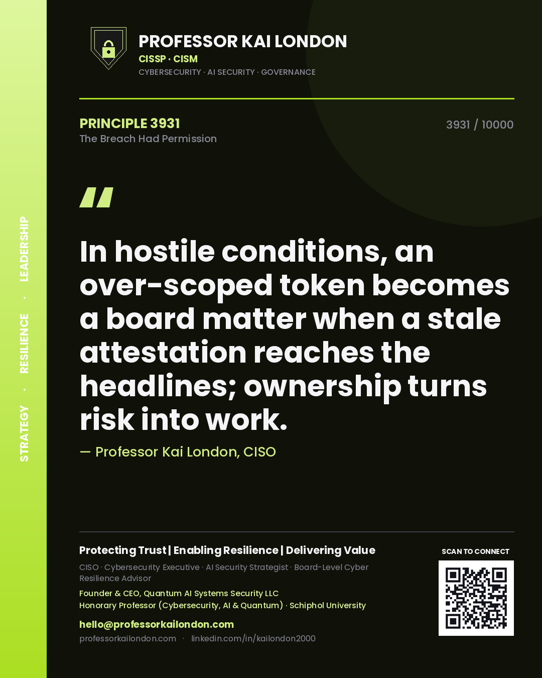 Professor Kai London principle 3931: In hostile conditions, an over-scoped token becomes a board matter when a stale attestation reaches the headlines; ownership turns risk into work.