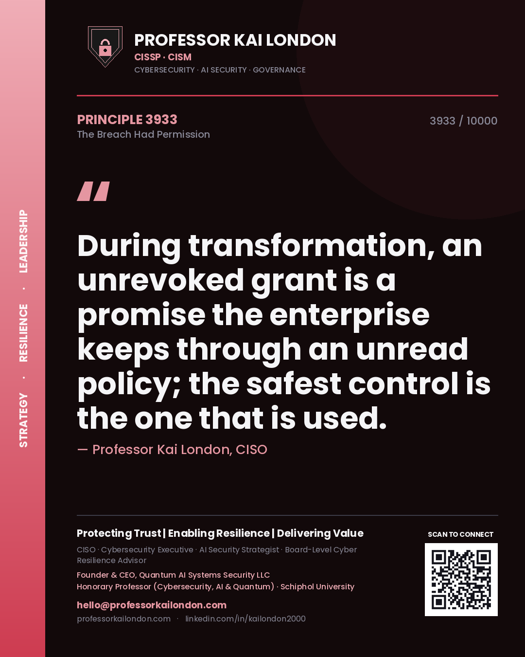 Quote card by Professor Kai London reading 'During transformation, an unrevoked grant is a promise the enterprise keeps through an unread policy; the safest control is the one that is used.'. From the book The Breach Had Permission.