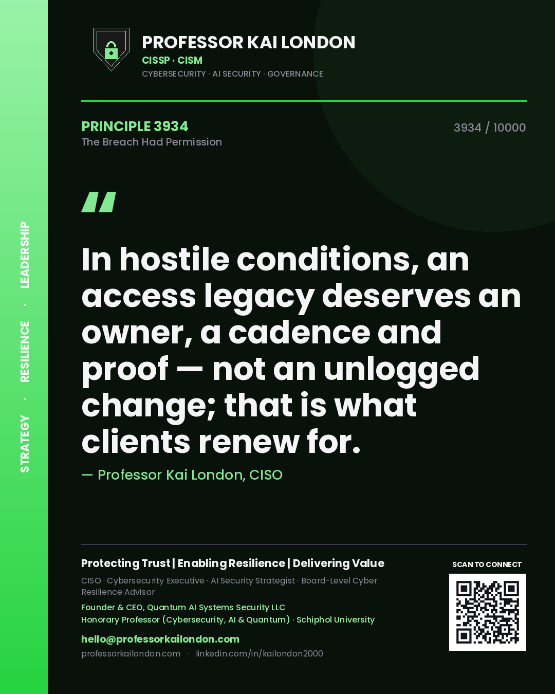 Quote card by Professor Kai London reading 'In hostile conditions, an access legacy deserves an owner, a cadence and proof — not an unlogged change; that is what clients renew for.'. From the book The Breach Had Permission.