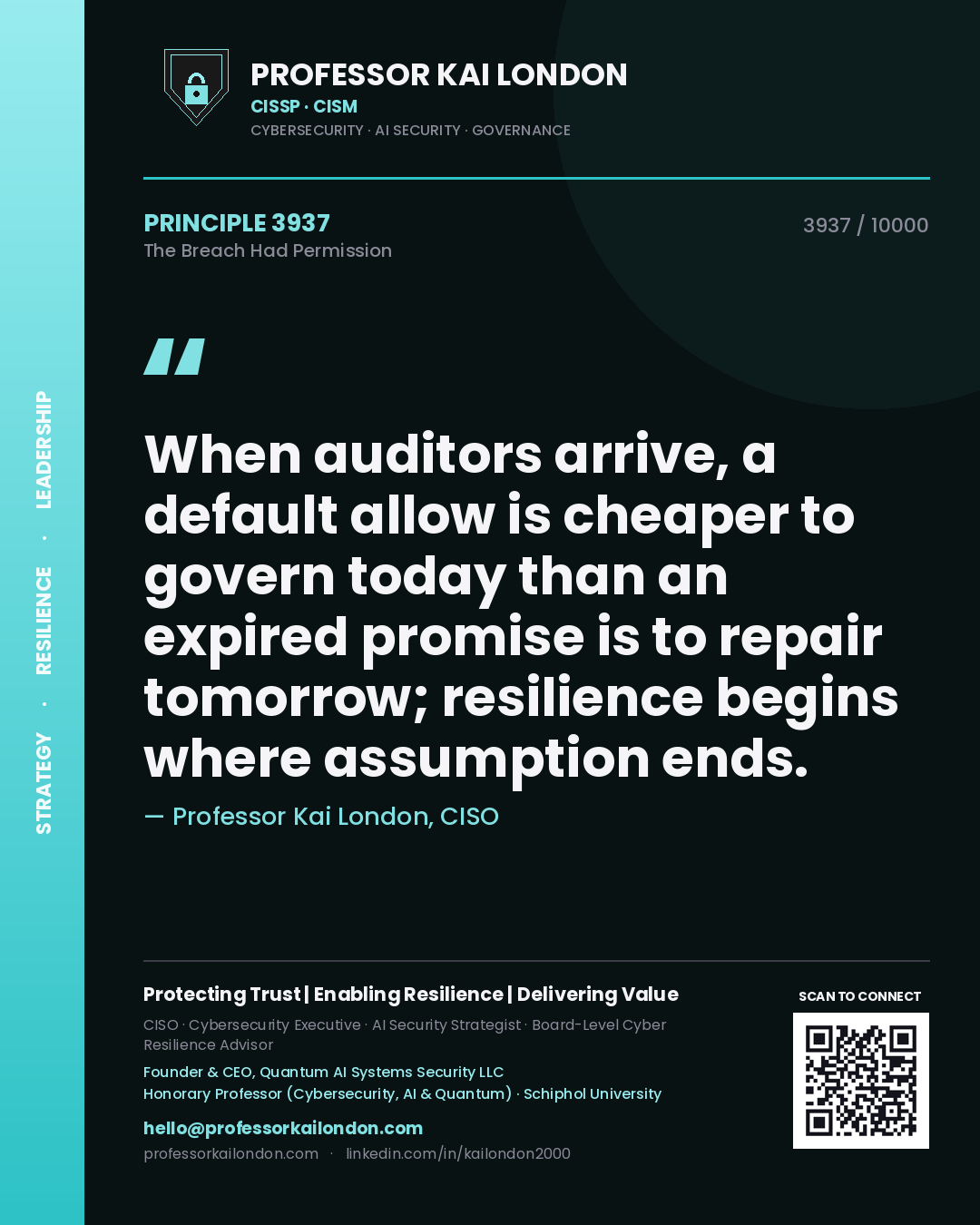 Quote card by Professor Kai London reading 'When auditors arrive, a default allow is cheaper to govern today than an expired promise is to repair tomorrow; resilience begins where assumption ends.'. From the book The Breach Had Permission.