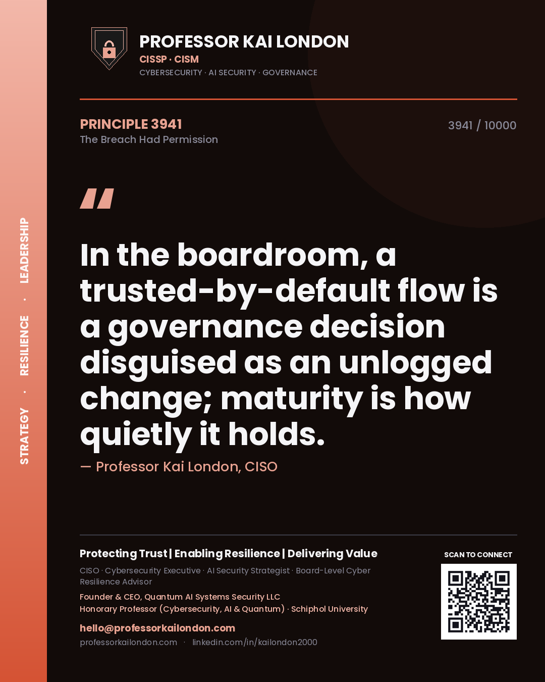 Quote card by Professor Kai London reading 'In the boardroom, a trusted-by-default flow is a governance decision disguised as an unlogged change; maturity is how quietly it holds.'. From the book The Breach Had Permission.