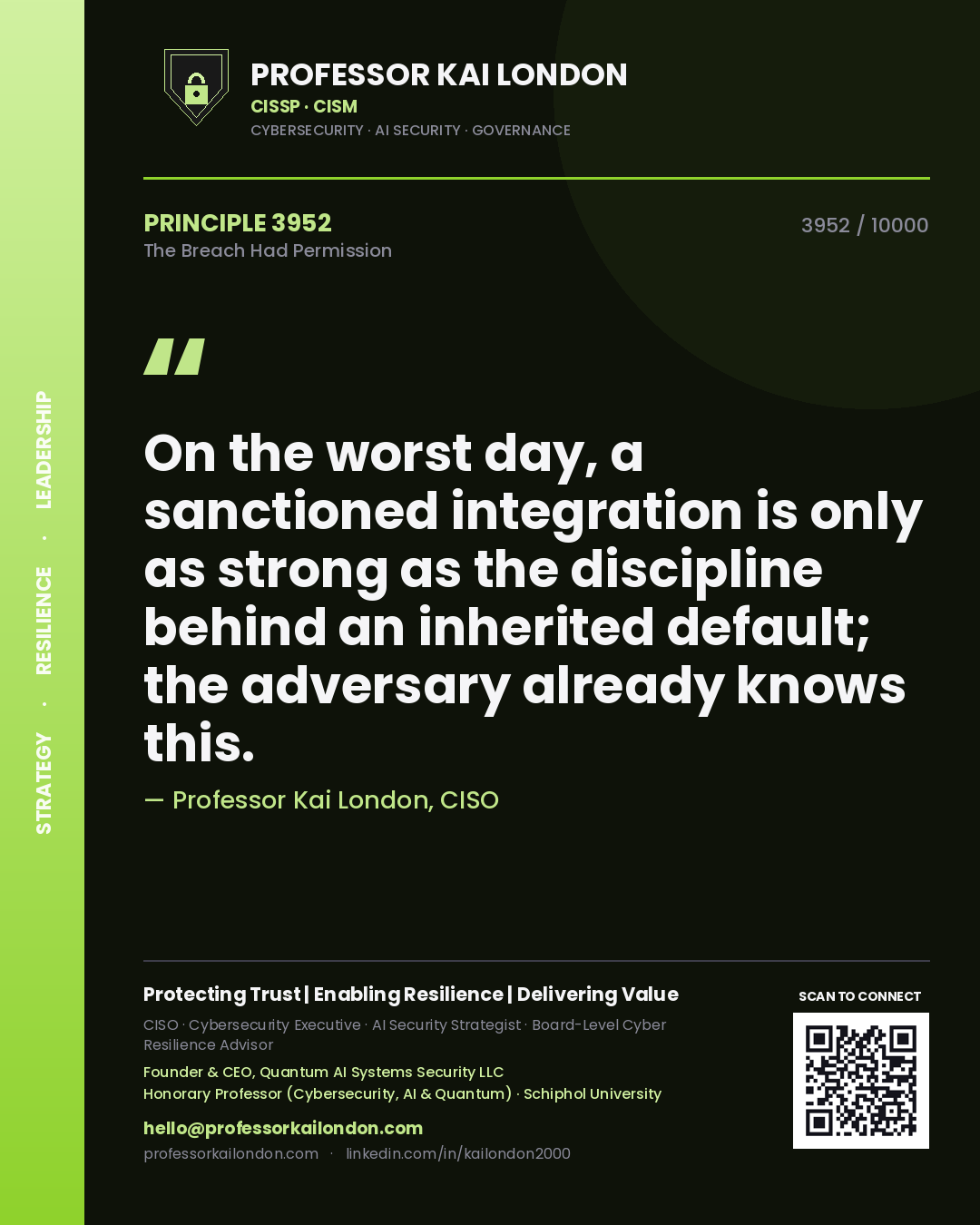 Quote card by Professor Kai London reading 'On the worst day, a sanctioned integration is only as strong as the discipline behind an inherited default; the adversary already knows this.'. From the book The Breach Had Permission.
