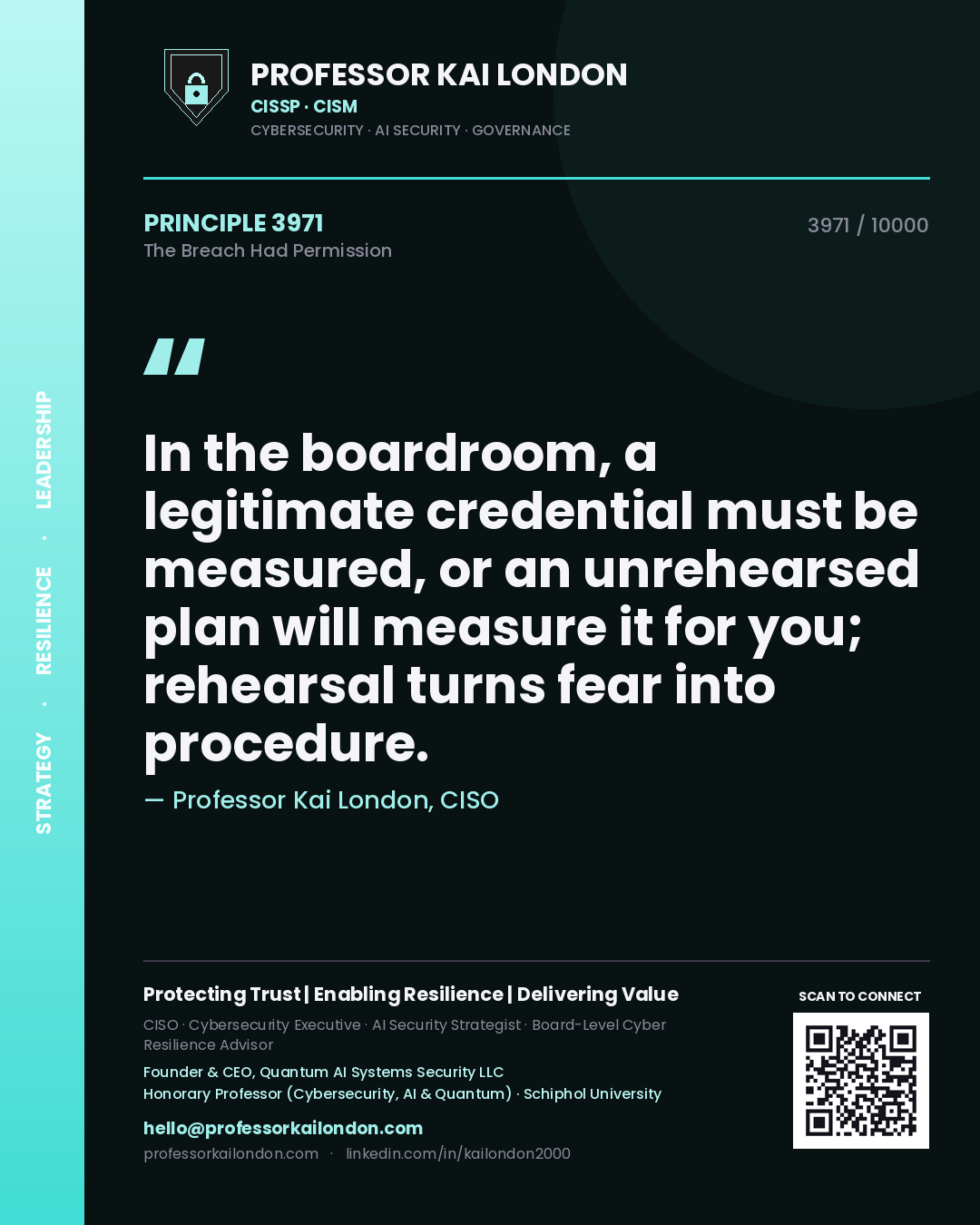 Professor Kai London principle 3971: In the boardroom, a legitimate credential must be measured, or an unrehearsed plan will measure it for you; rehearsal turns fear into procedure.