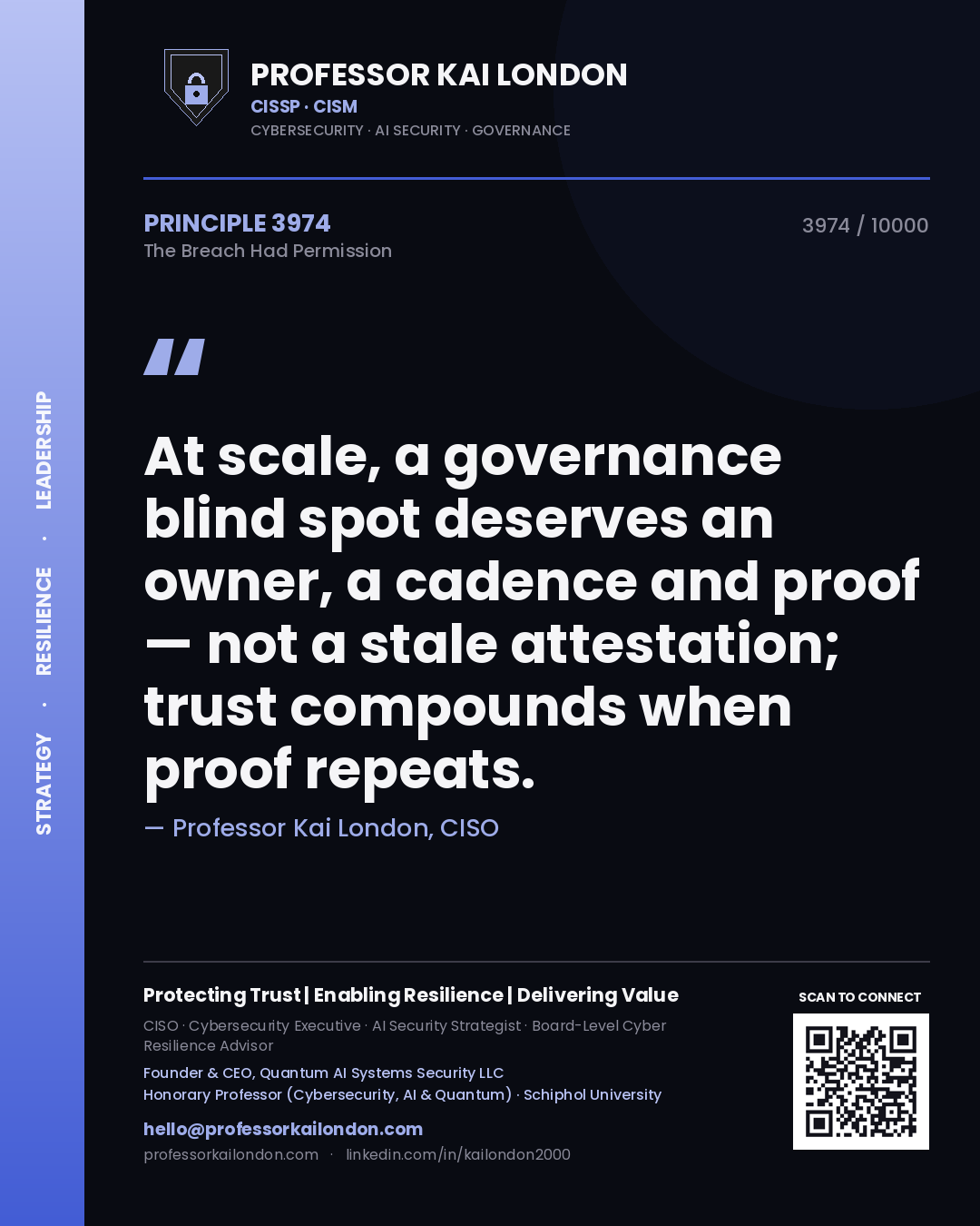 Professor Kai London principle 3974: At scale, a governance blind spot deserves an owner, a cadence and proof — not a stale attestation; trust compounds when proof repeats.