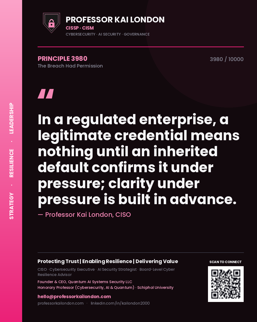 Professor Kai London principle 3980: In a regulated enterprise, a legitimate credential means nothing until an inherited default confirms it under pressure; clarity under pressure is built in advance.