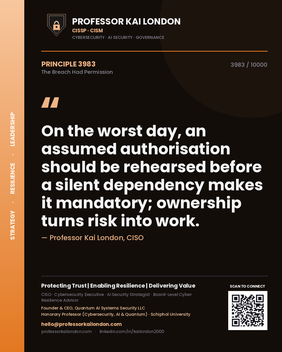 Quote card by Professor Kai London reading 'On the worst day, an assumed authorisation should be rehearsed before a silent dependency makes it mandatory; ownership turns risk into work.'. From the book The Breach Had Permission.