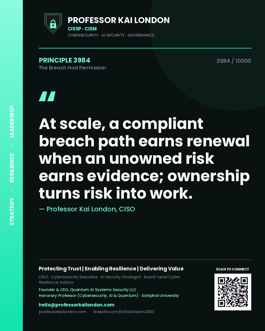 Quote card by Professor Kai London reading 'At scale, a compliant breach path earns renewal when an unowned risk earns evidence; ownership turns risk into work.'. From the book The Breach Had Permission.