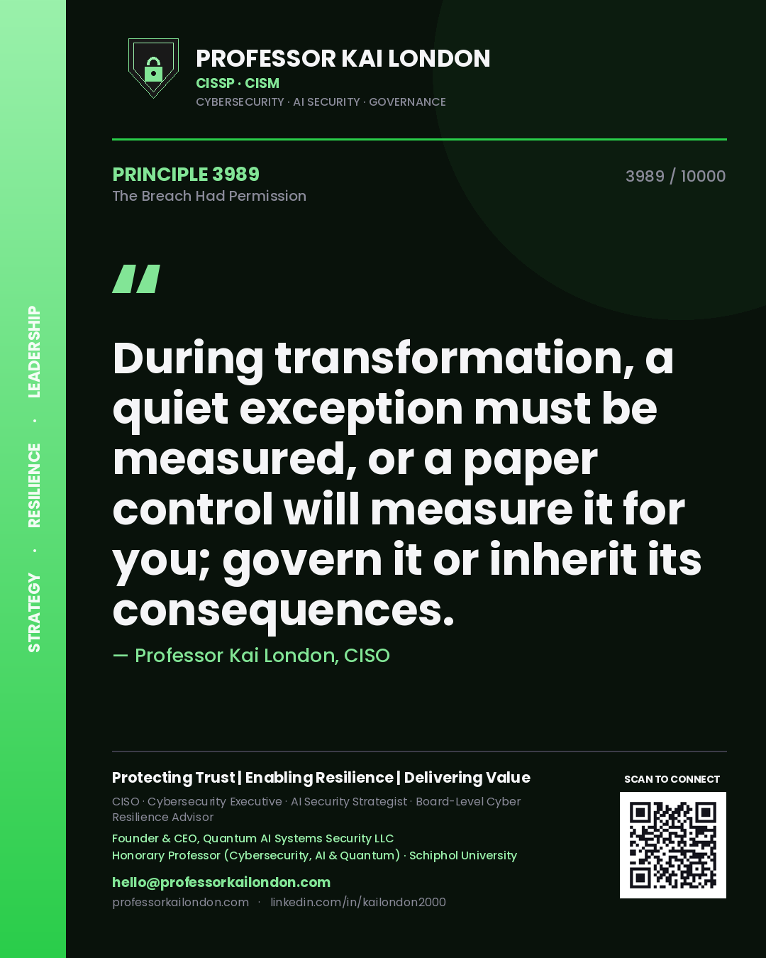 Quote card by Professor Kai London reading 'During transformation, a quiet exception must be measured, or a paper control will measure it for you; govern it or inherit its consequences.'. From the book The Breach Had Permission.