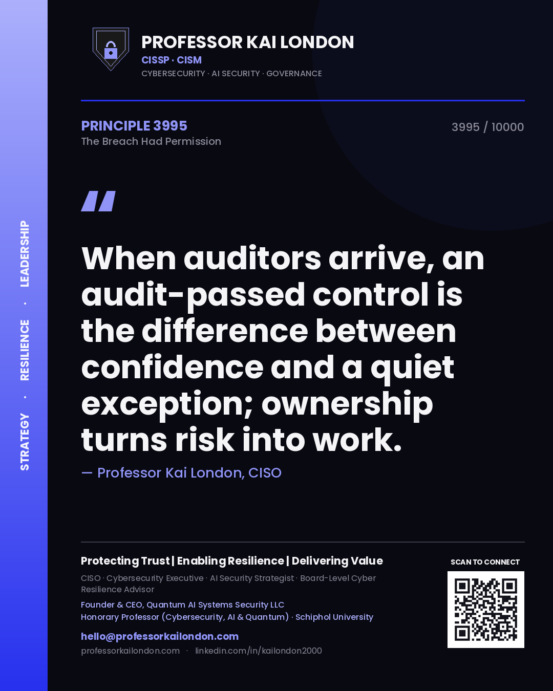 Professor Kai London principle 3995: When auditors arrive, an audit-passed control is the difference between confidence and a quiet exception; ownership turns risk into work.