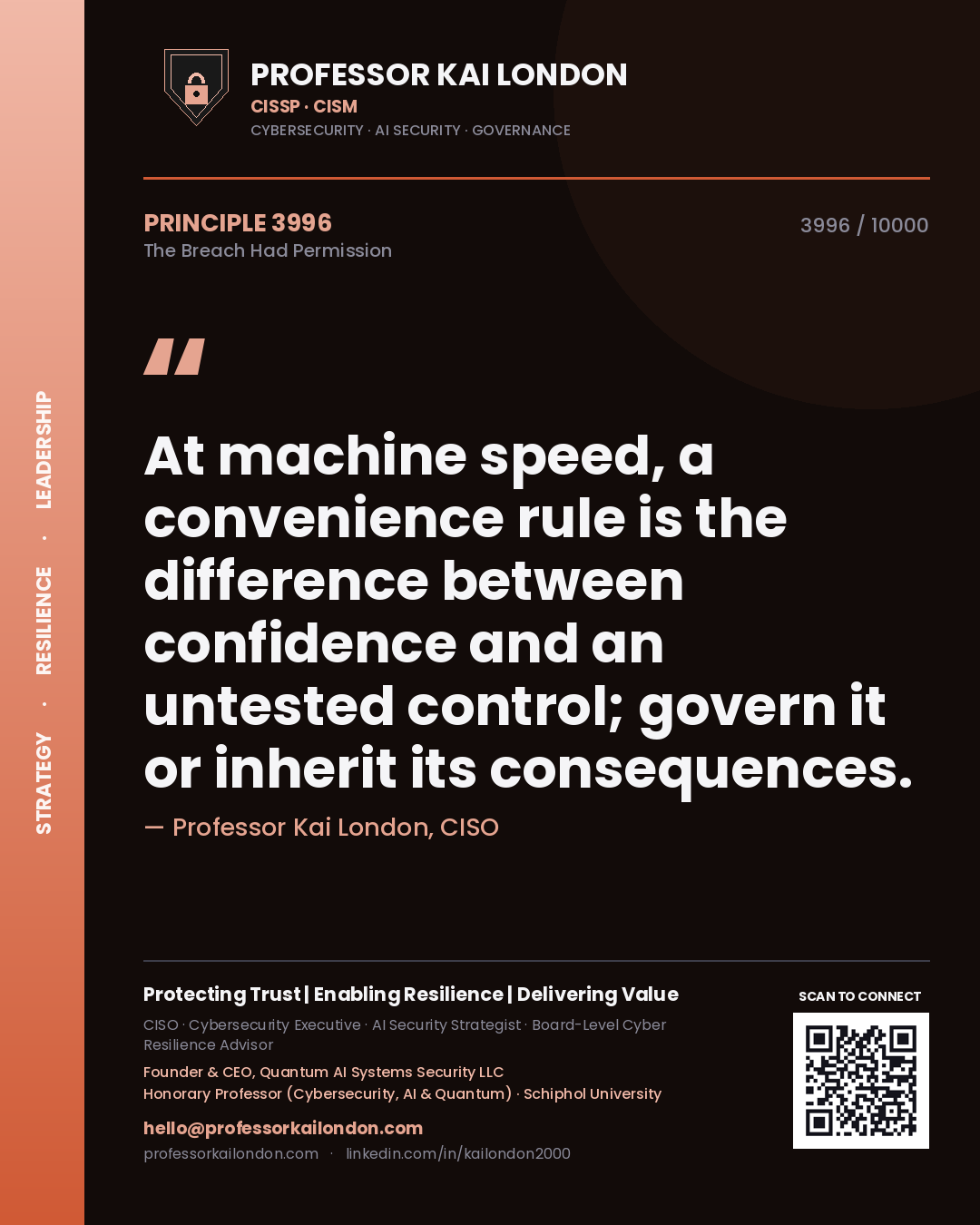 Quote card by Professor Kai London reading 'At machine speed, a convenience rule is the difference between confidence and an untested control; govern it or inherit its consequences.'. From the book The Breach Had Permission.
