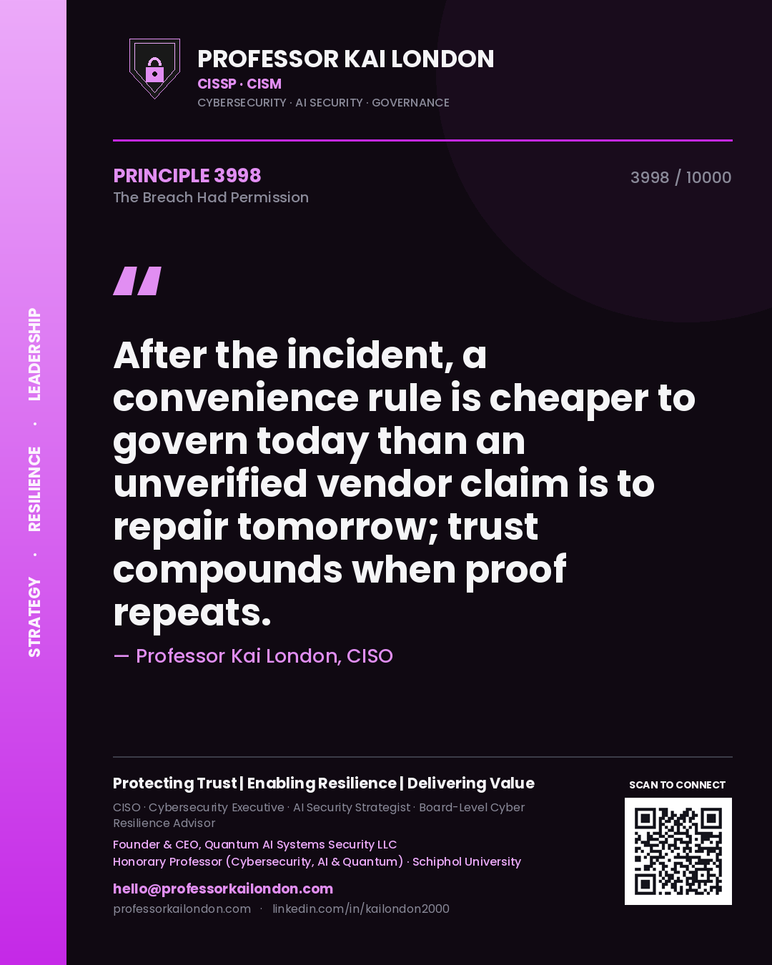 Quote card by Professor Kai London reading 'After the incident, a convenience rule is cheaper to govern today than an unverified vendor claim is to repair tomorrow; trust compounds when proof repeats.'. From the book The Breach Had Permission.